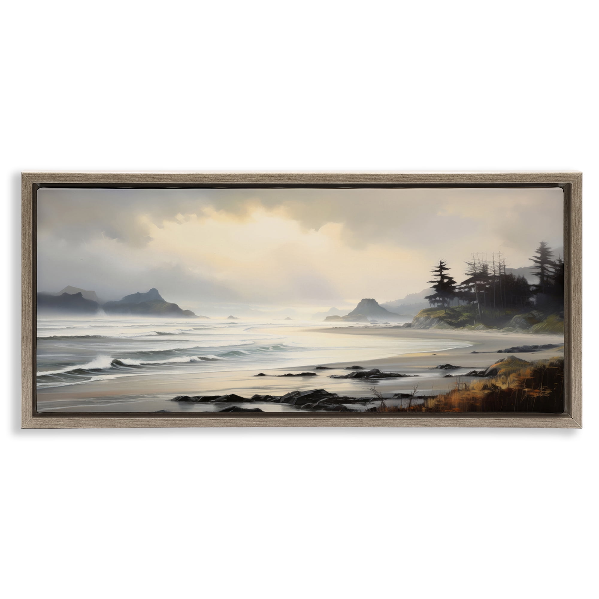 Stupell Industries Coastal Shore Inlet Coastal Painting Brown Floater Framed Art Print Wall Art, 31 x 14