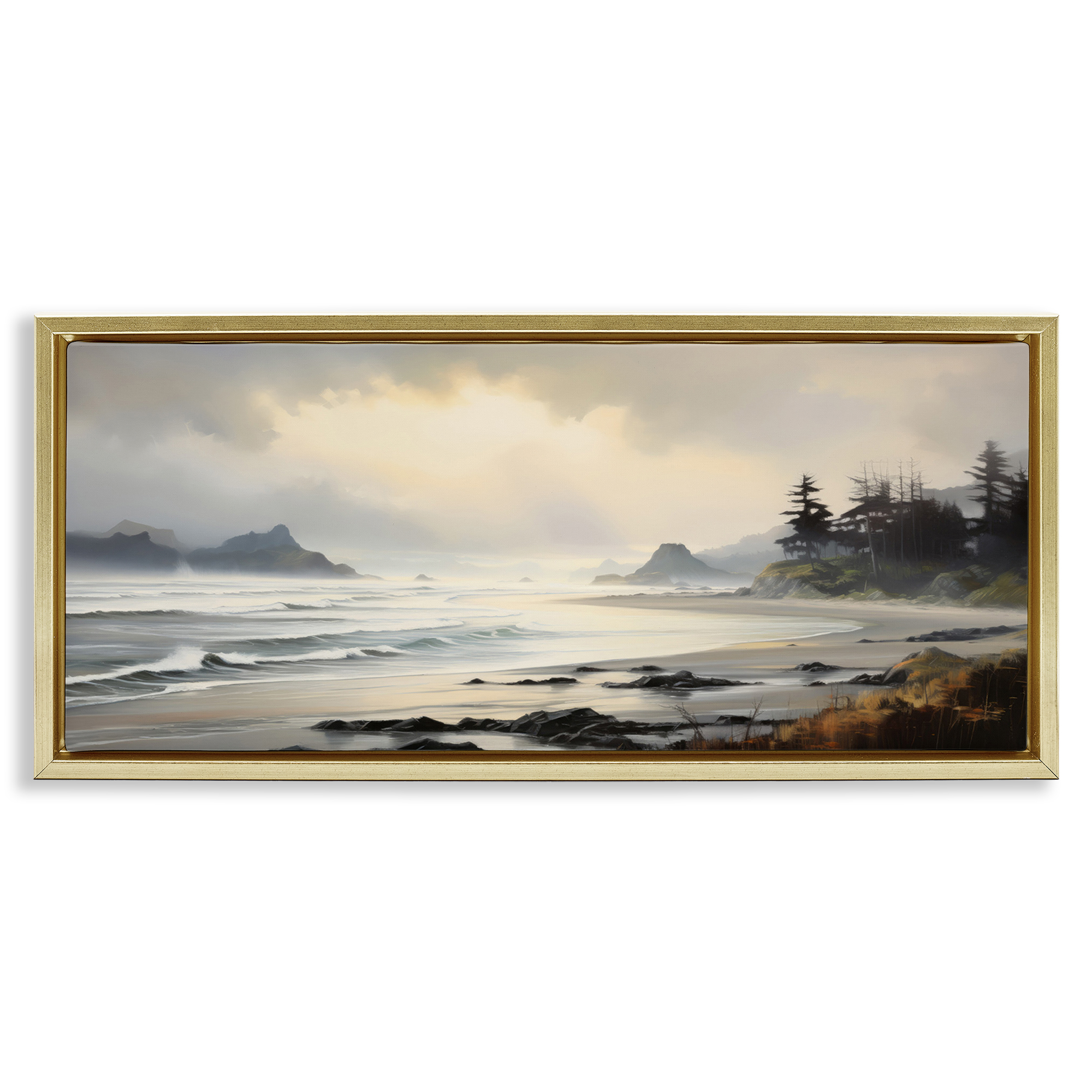 Stupell Industries Coastal Shore Inlet Coastal Painting Gold Floater Framed Art Print Wall Art, 31 x 14