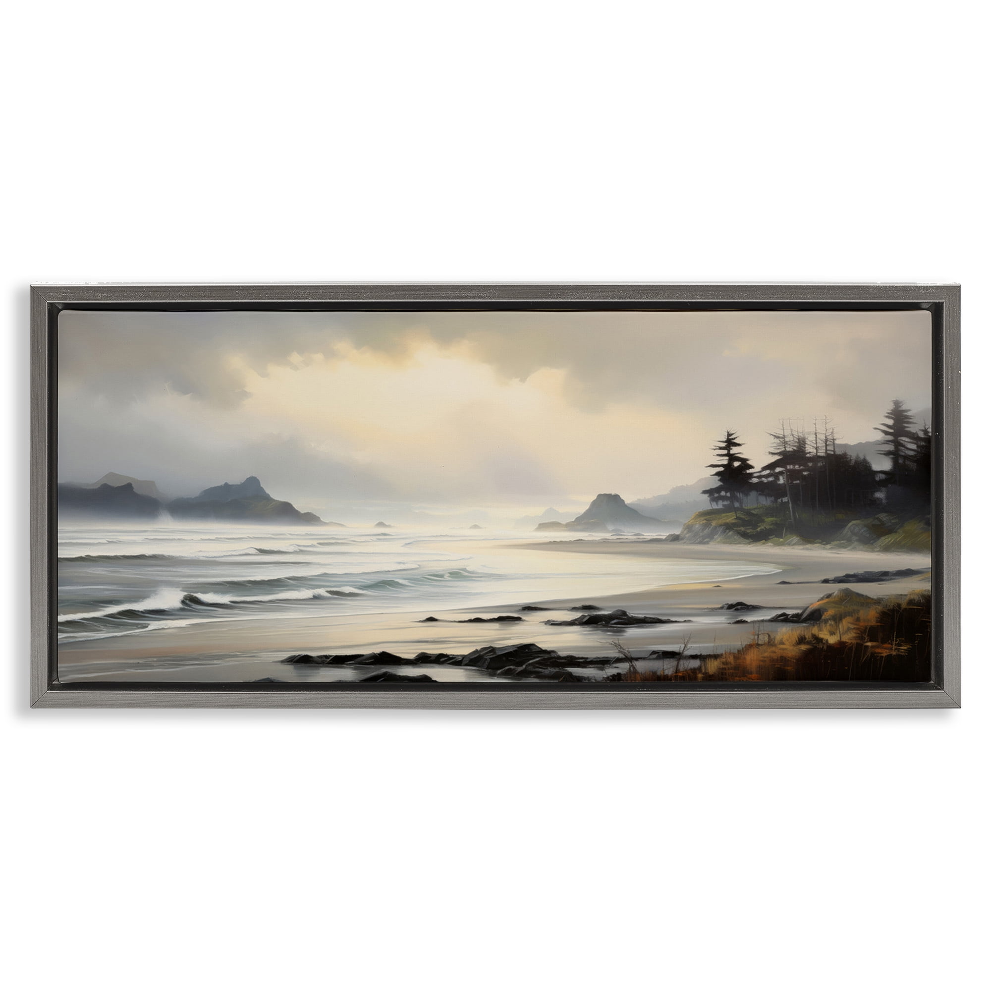 Stupell Industries Coastal Shore Inlet Coastal Painting Gray Floater Framed Art Print Wall Art, 31 x 14