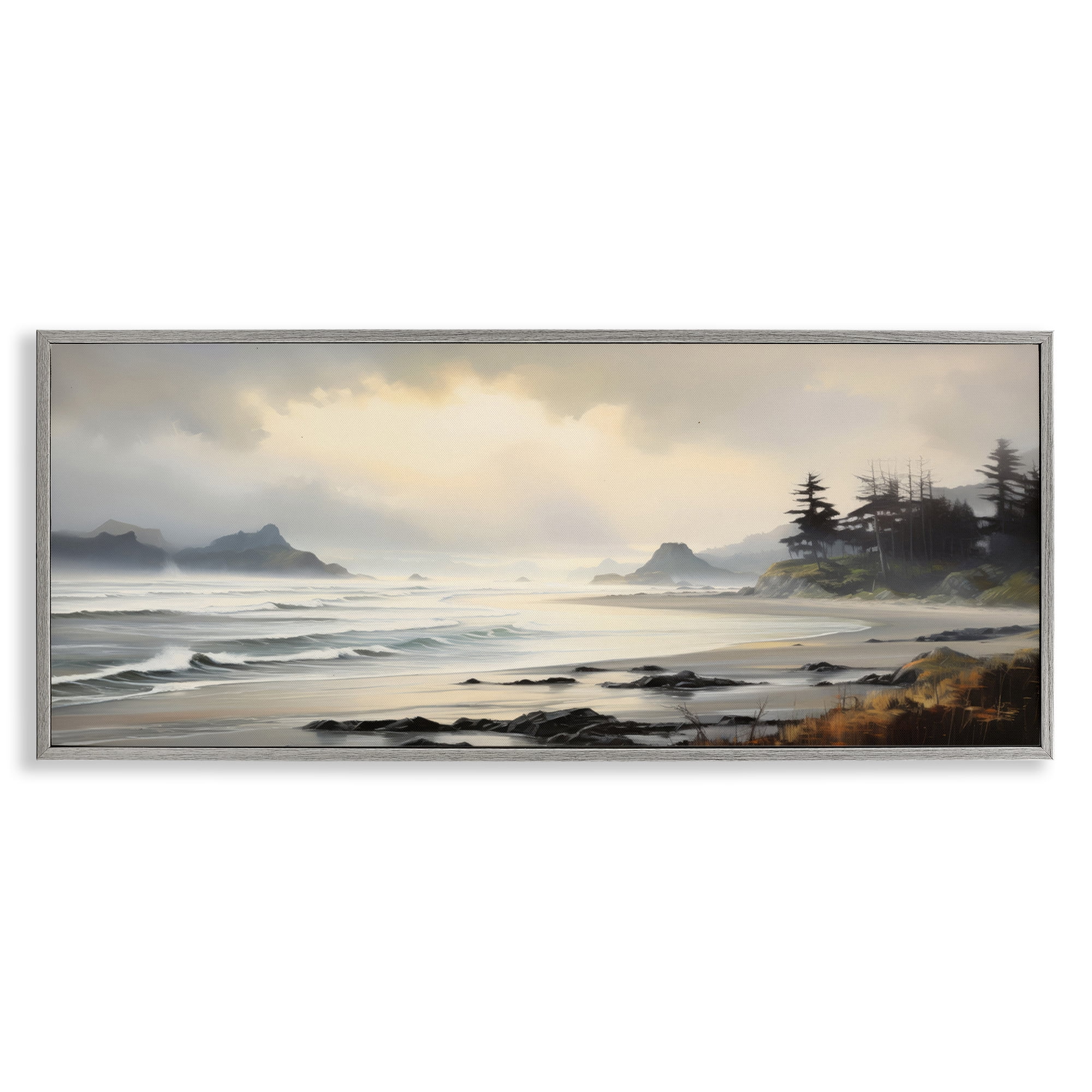 Stupell Industries Coastal Shore Inlet Coastal Painting Gray Framed Art Print Wall Art, 30 x 13
