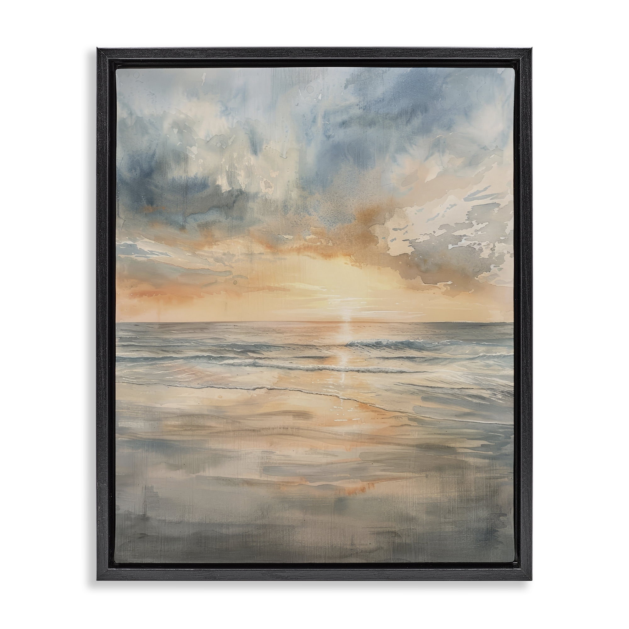 Stupell Industries Coastal Sunset over Gentle Waves Black Framed Floater Canvas Wall Art, design by Petal Prints Design