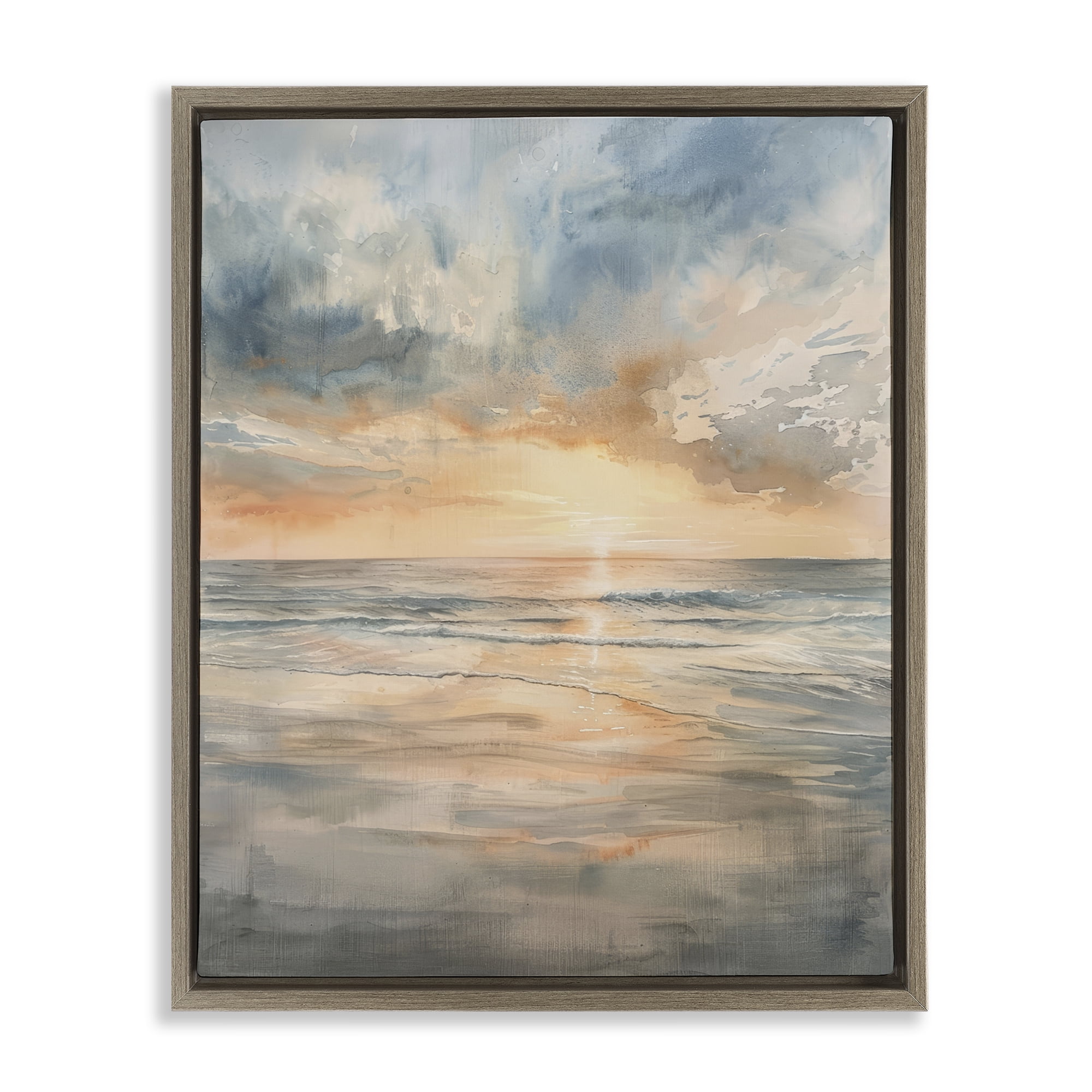 Stupell Industries Coastal Sunset over Gentle Waves Brown Framed Floater Canvas Wall Art, design by Petal Prints Design