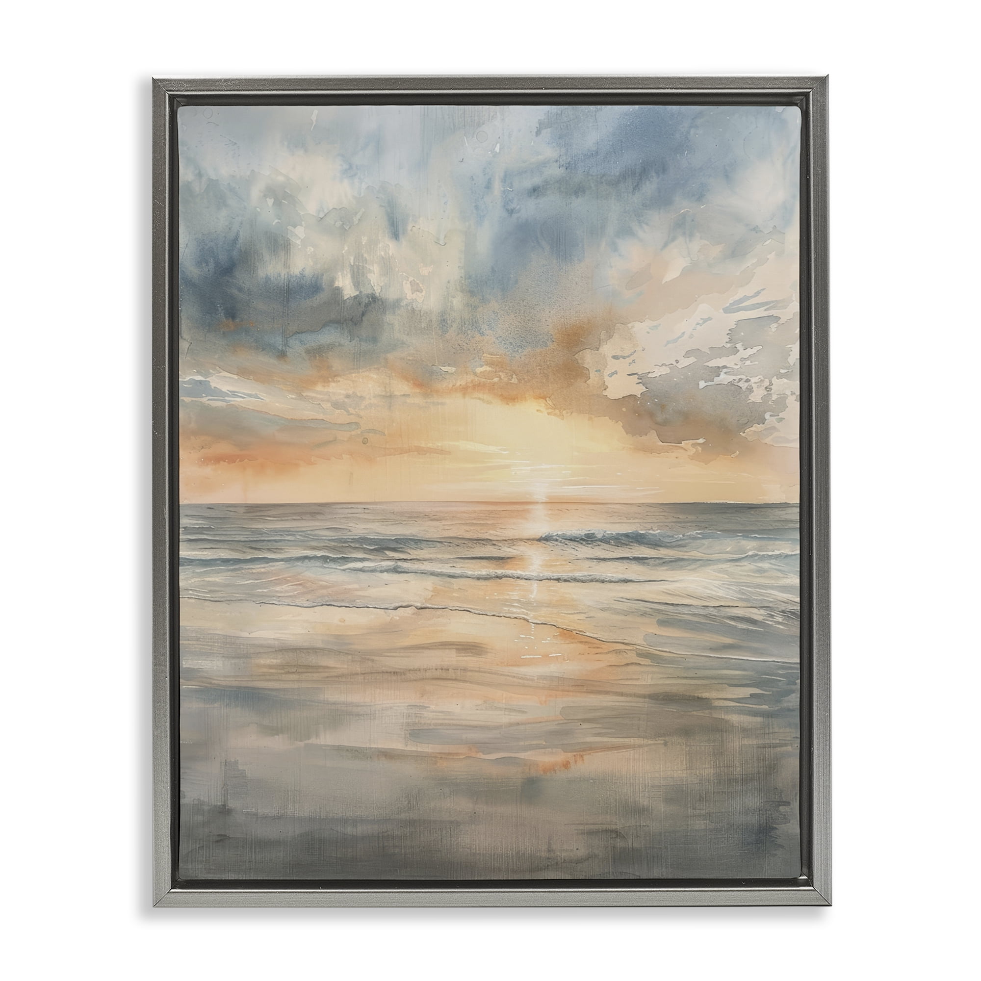 Stupell Industries Coastal Sunset over Gentle Waves Gray Framed Floater Canvas Wall Art, design by Petal Prints Design
