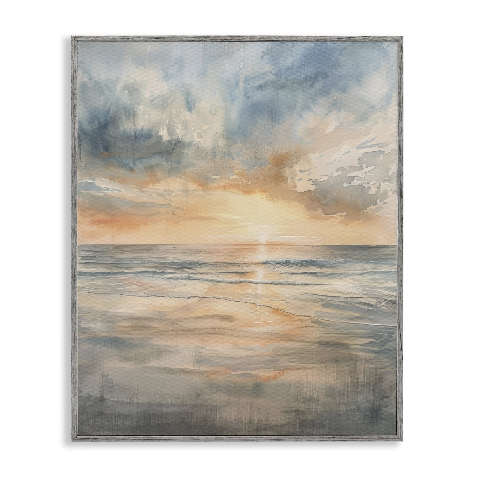 Stupell Industries Coastal Sunset over Gentle Waves Gray Framed Giclee Art, design by Petal Prints Design