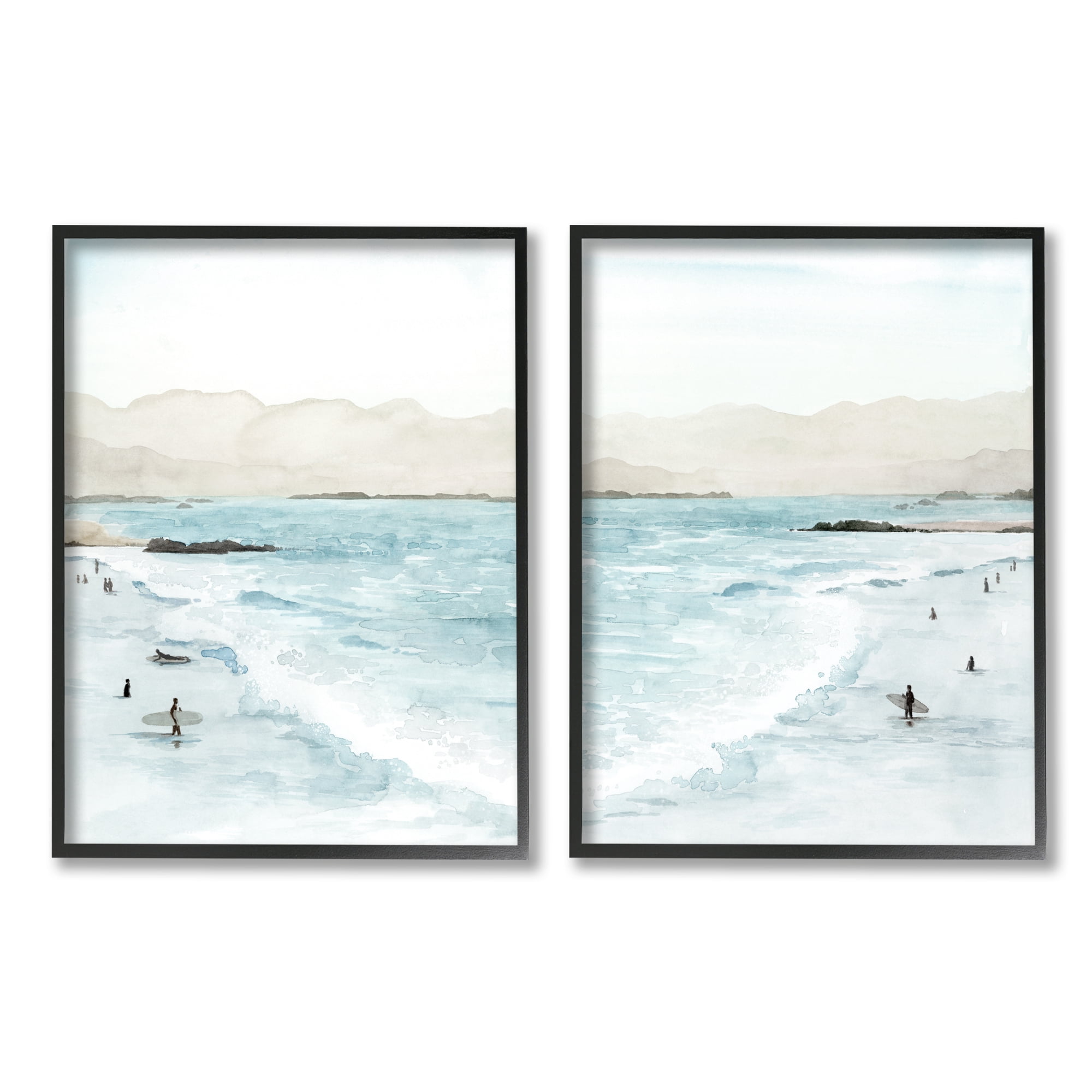 Stupell Industries Coastal Surfers High Tide Soft Beach Landscape Nature Painting Black Framed Art Print Wall Art, 11 x 14, Set of 2