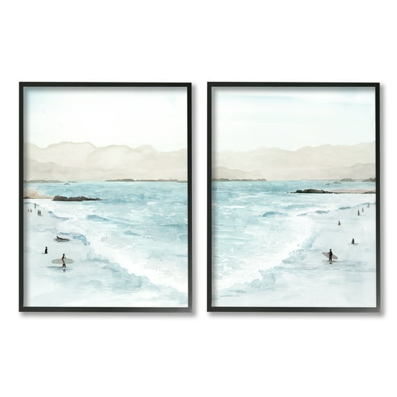 Stupell Industries Coastal Surfers High Tide Soft Beach Landscape Nature Painting Black Framed Art Print Wall Art, 16 x 20, Set of 2