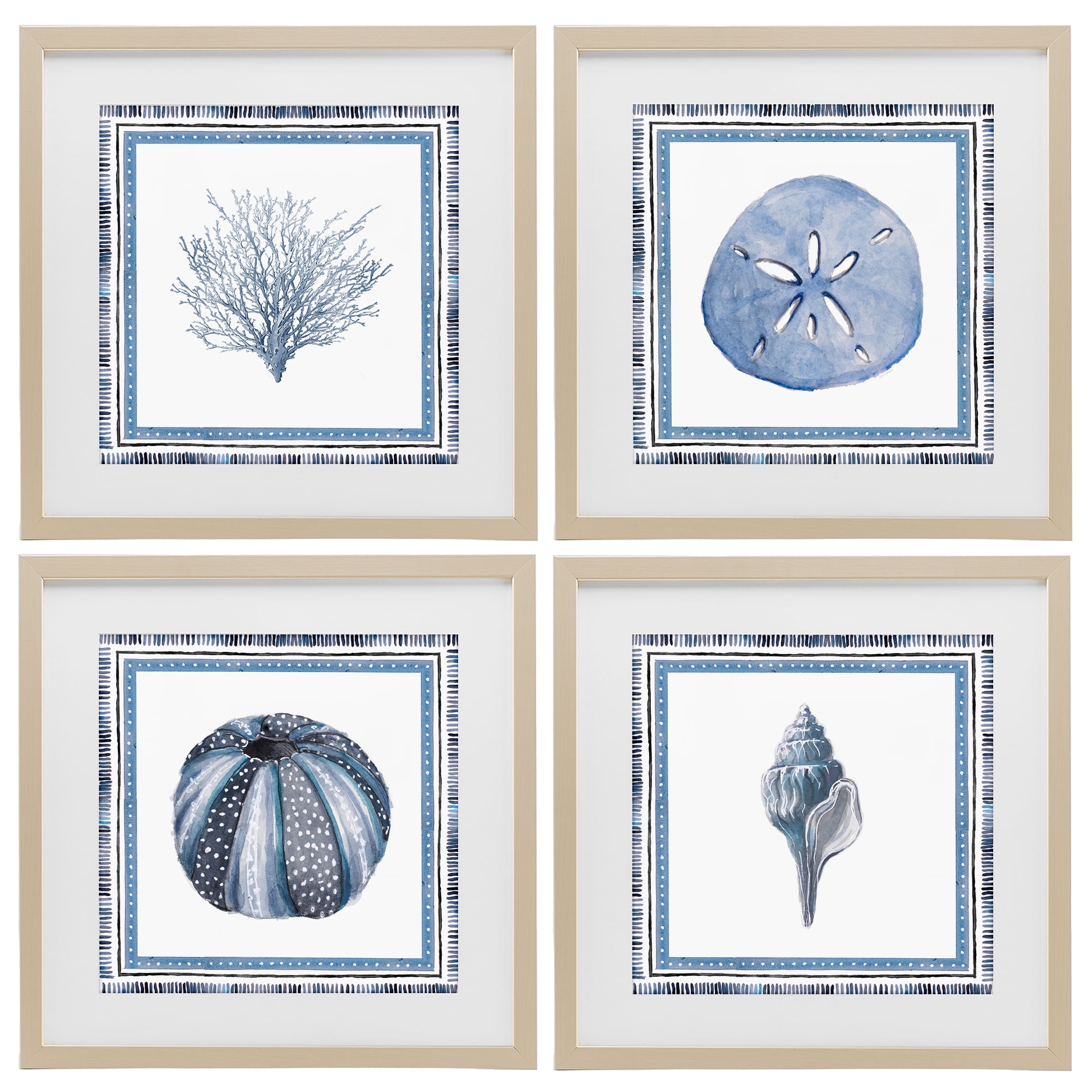 Stupell Industries Coastal Teal Bordered Coral 4 Piece Birch Framed Print Under Glass Set, design by Lanie Loreth