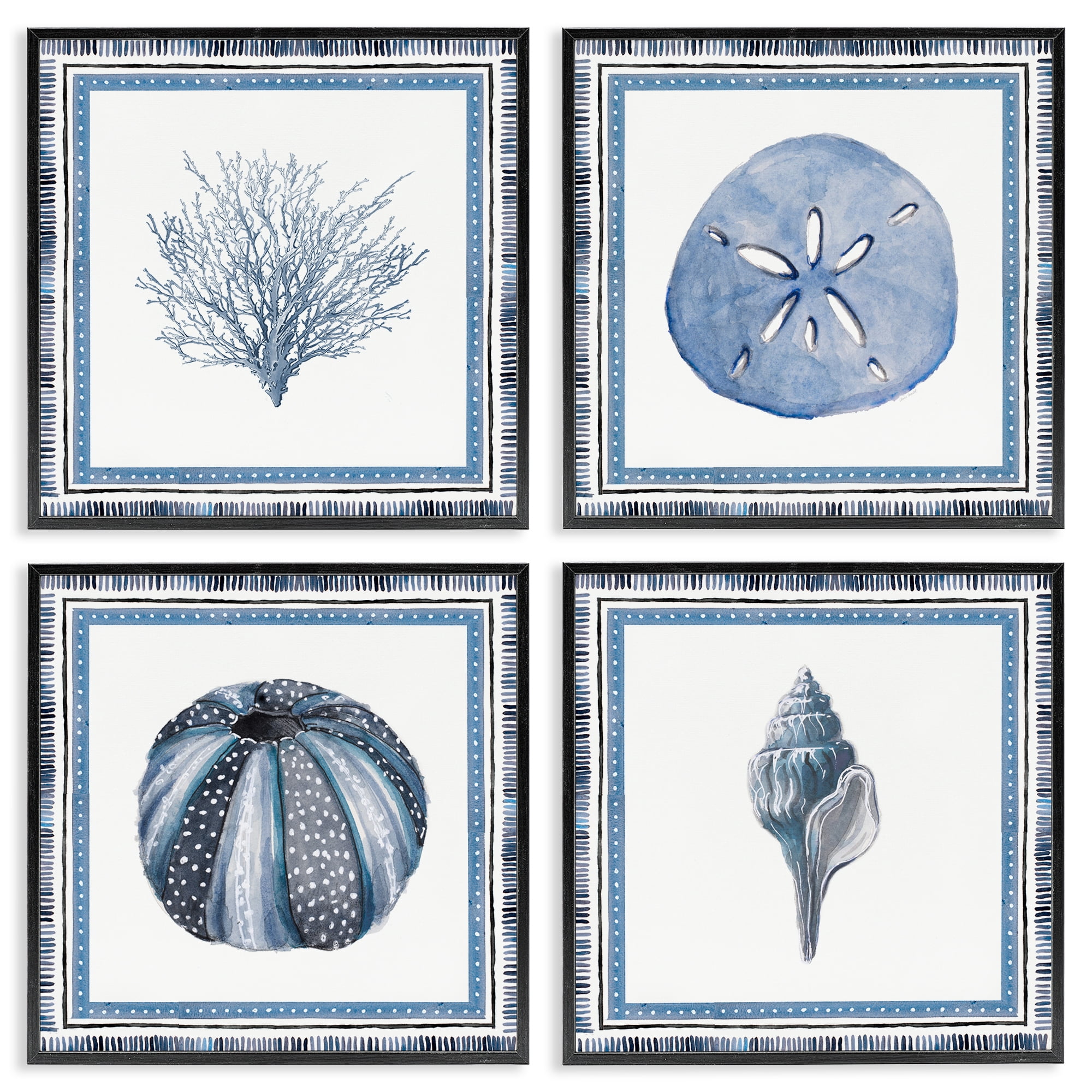 Stupell Industries Coastal Teal Bordered Coral 4 Piece Black Framed Giclee Art Set, design by Lanie Loreth