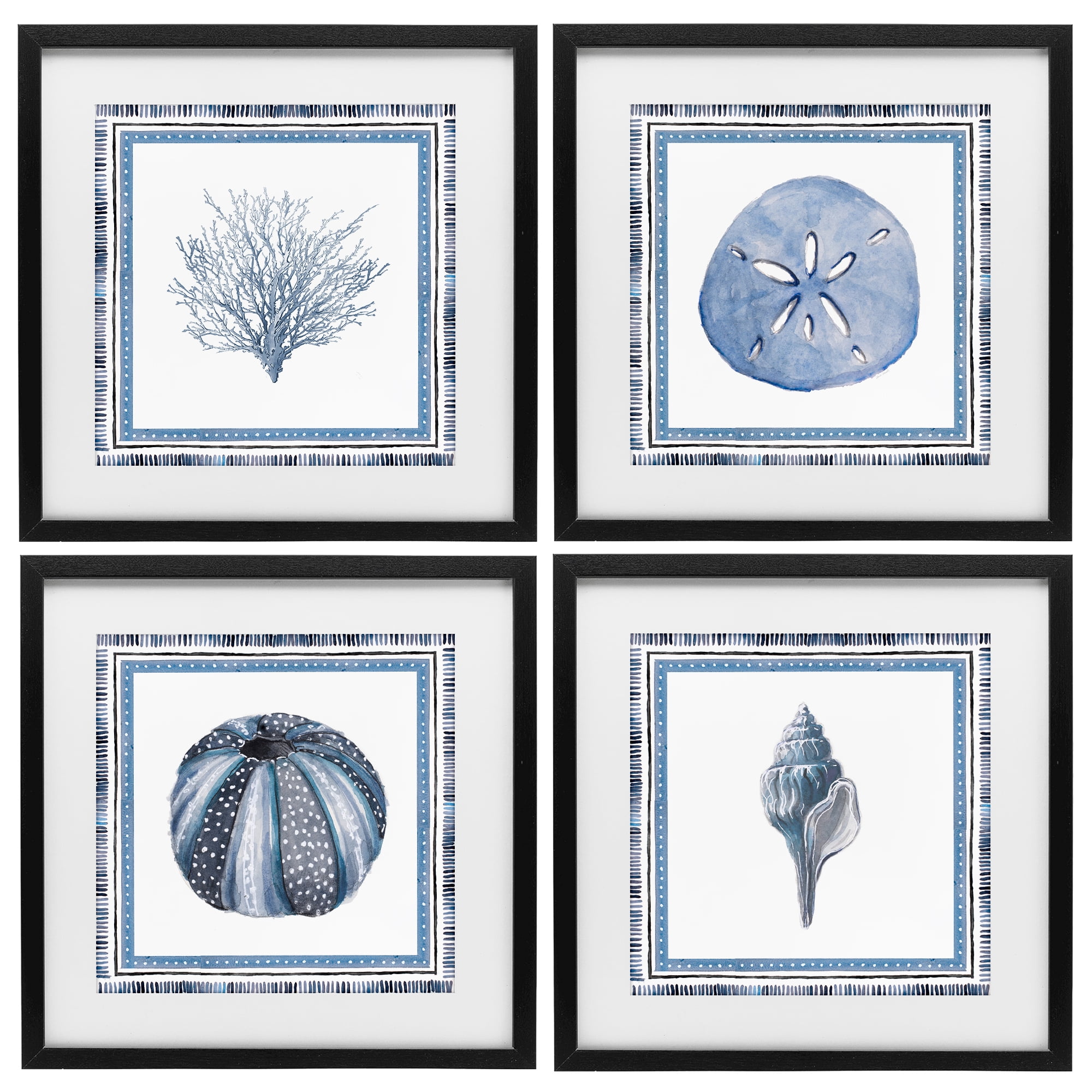 Stupell Industries Coastal Teal Bordered Coral 4 Piece Black Framed Print Under Glass Set, design by Lanie Loreth