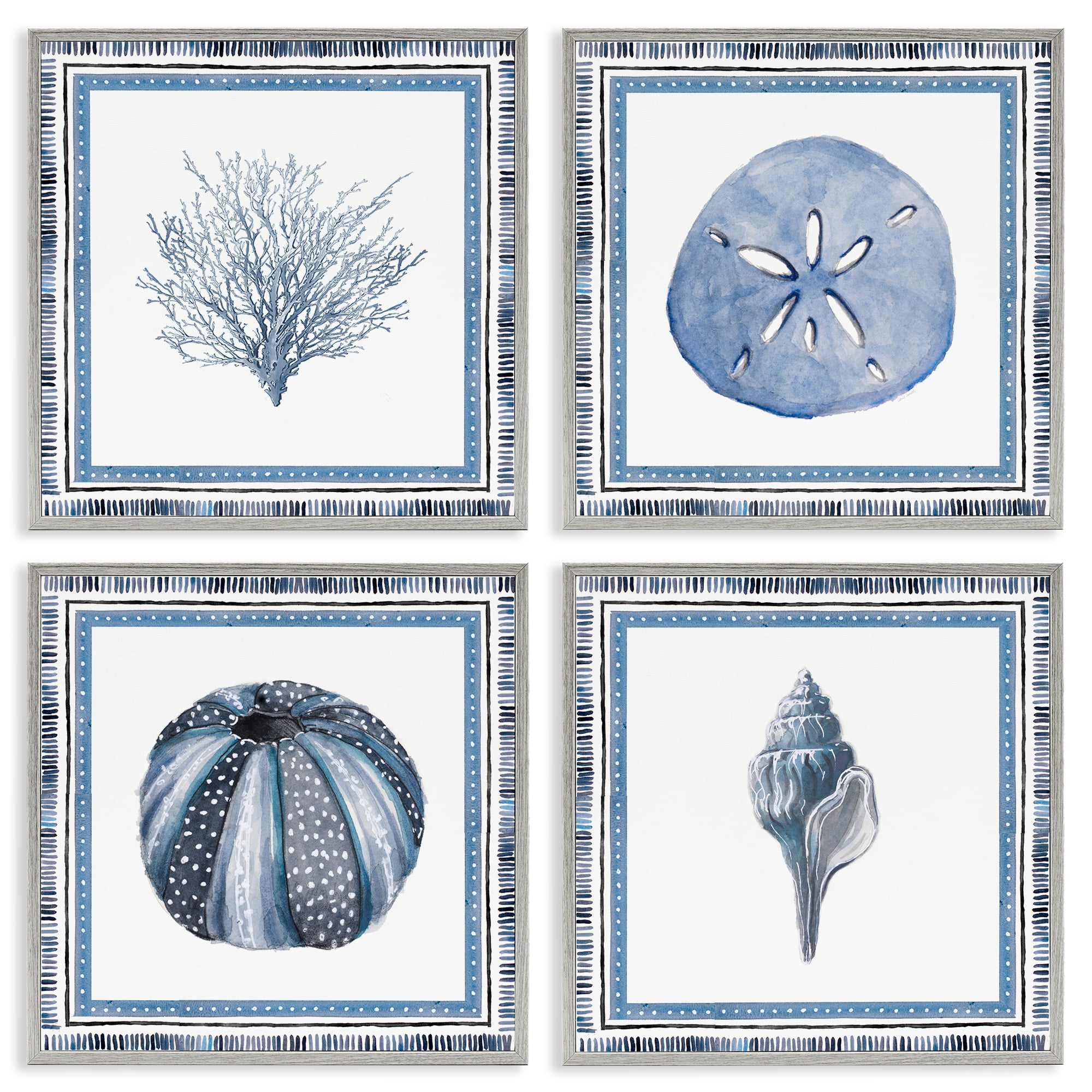 Stupell Industries Coastal Teal Bordered Coral 4 Piece Gray Framed Giclee Art Set, design by Lanie Loreth