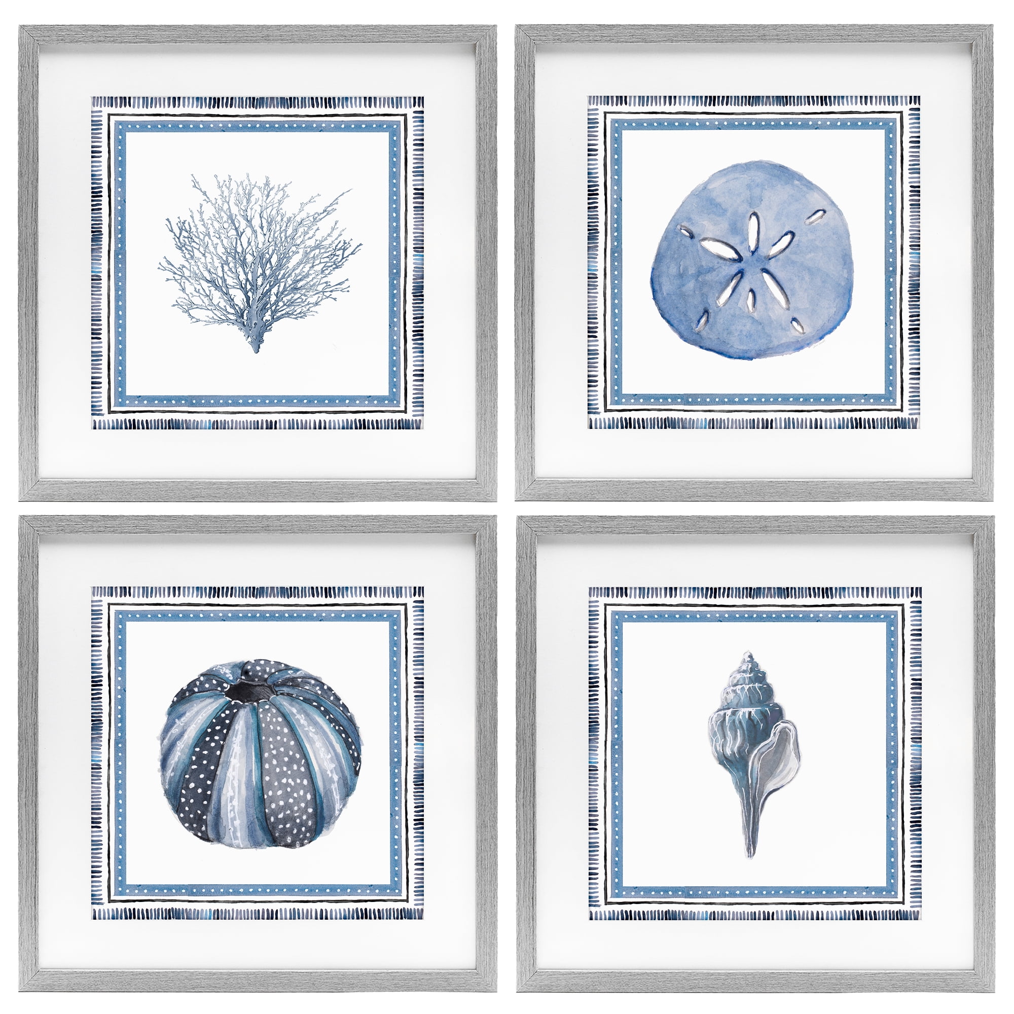 Stupell Industries Coastal Teal Bordered Coral 4 Piece Gray Framed Print Under Glass Set, design by Lanie Loreth