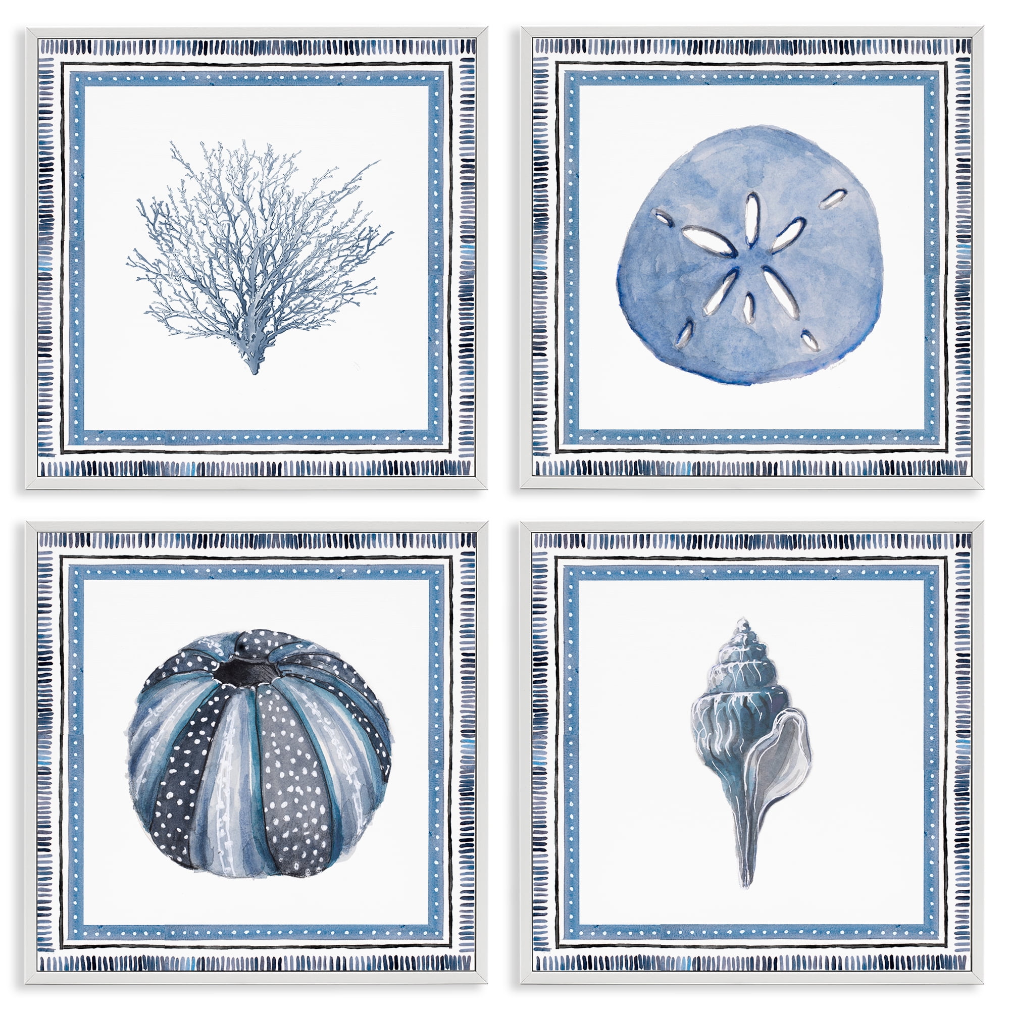 Stupell Industries Coastal Teal Bordered Coral 4 Piece White Framed Giclee Art Set, design by Lanie Loreth