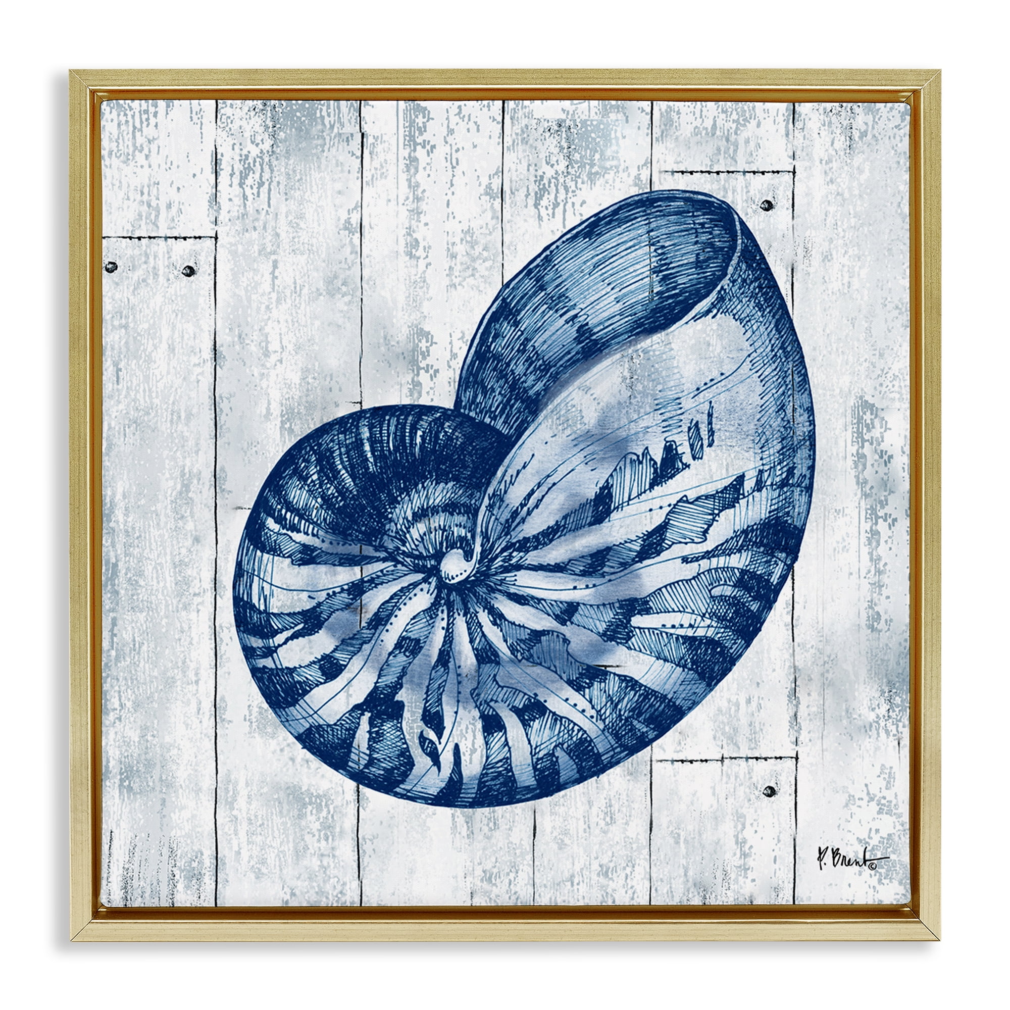 Stupell Industries Coastal Timberland Nautilus Gold Framed Floater Canvas Wall Art, design by Paul Brent