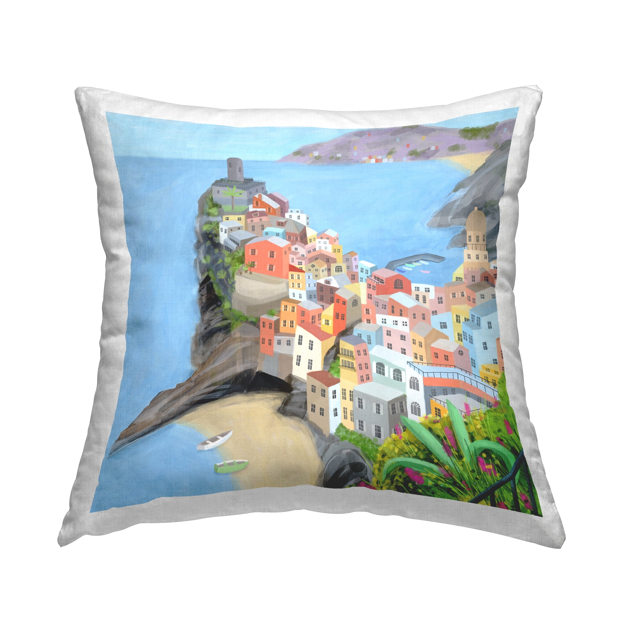 Stupell Industries Coastal Town Buildings Beach Cove Square Decorative Printed Throw Pillow, 18 x 18,