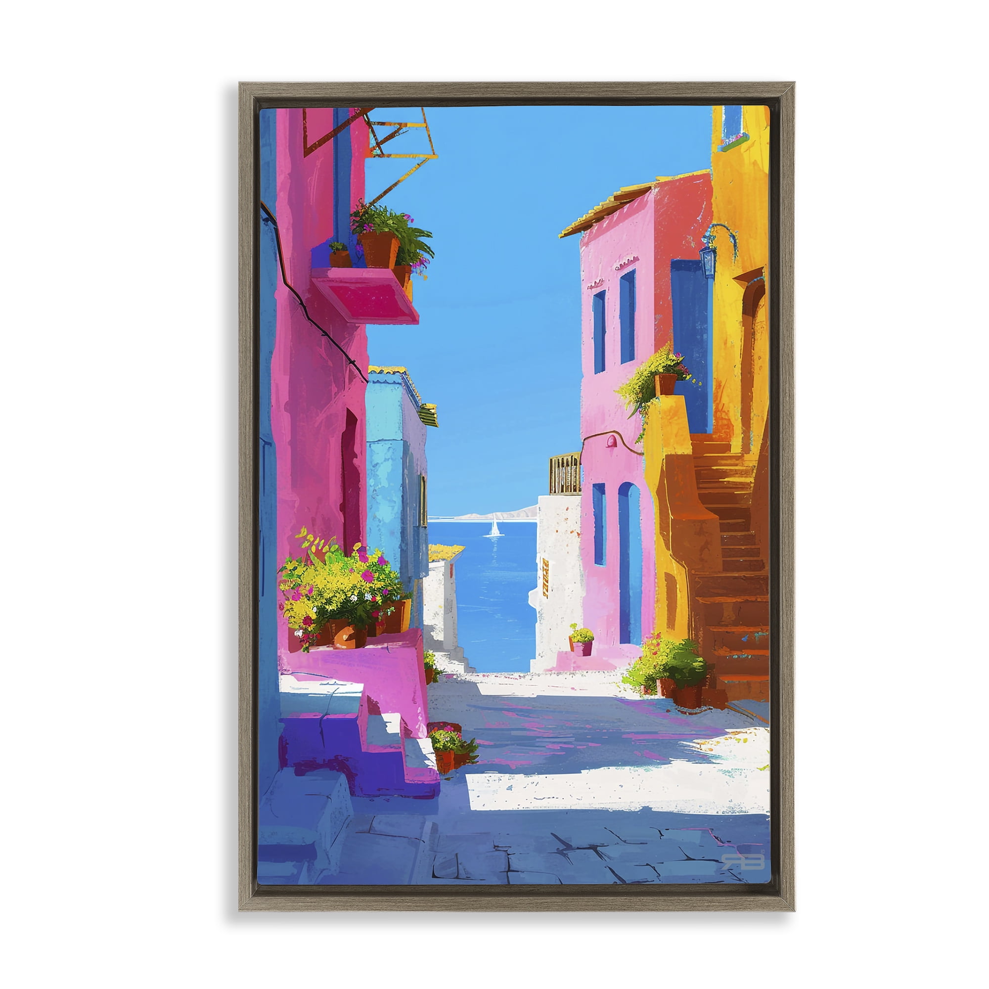 Stupell Industries Coastal Town Buildings Buildings & Architecture Painting Brown Floater Framed Canvas Art Print Wall Art, 17 x 25