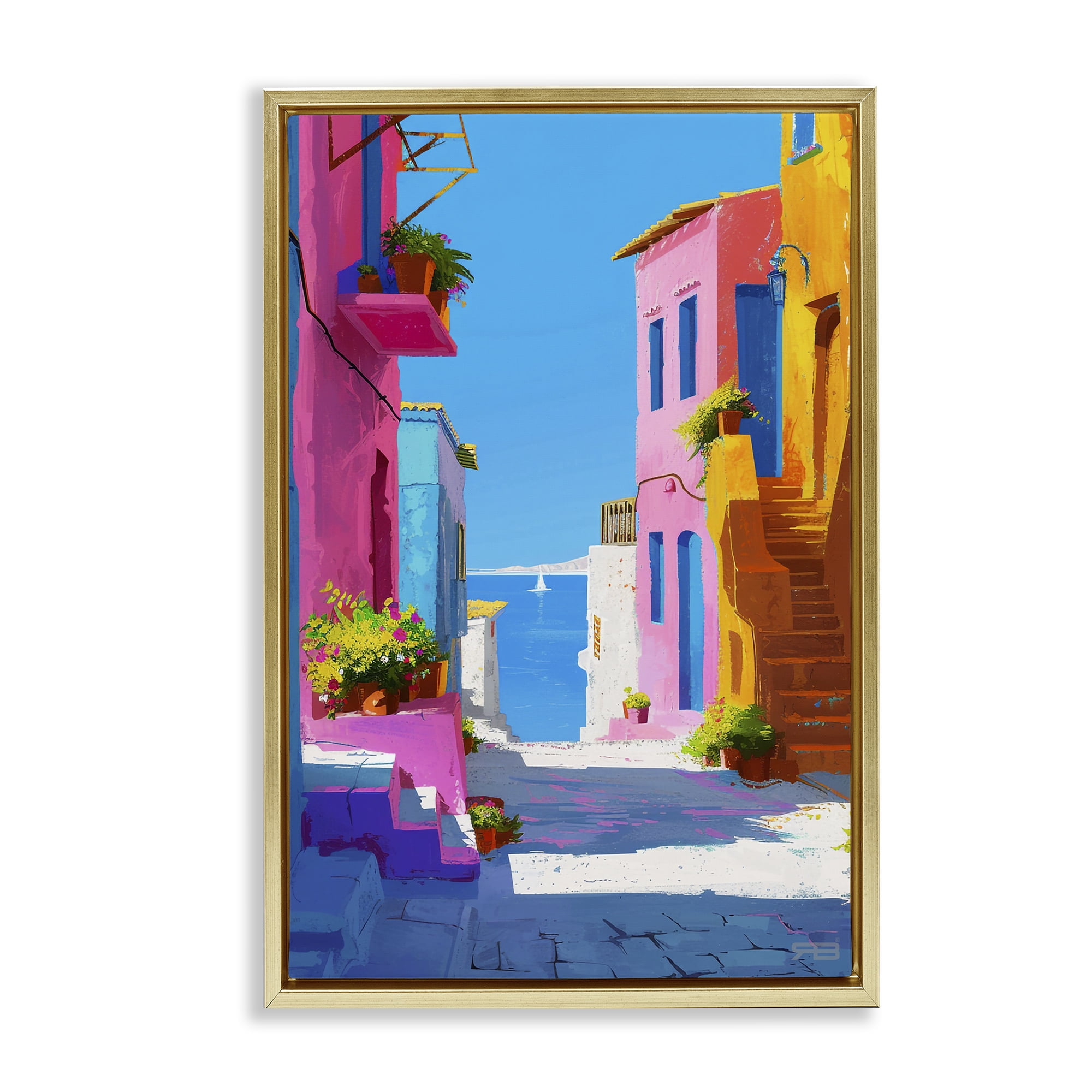Stupell Industries Coastal Town Buildings Buildings & Architecture Painting Gold Floater Framed Canvas Art Print Wall Art, 17 x 25
