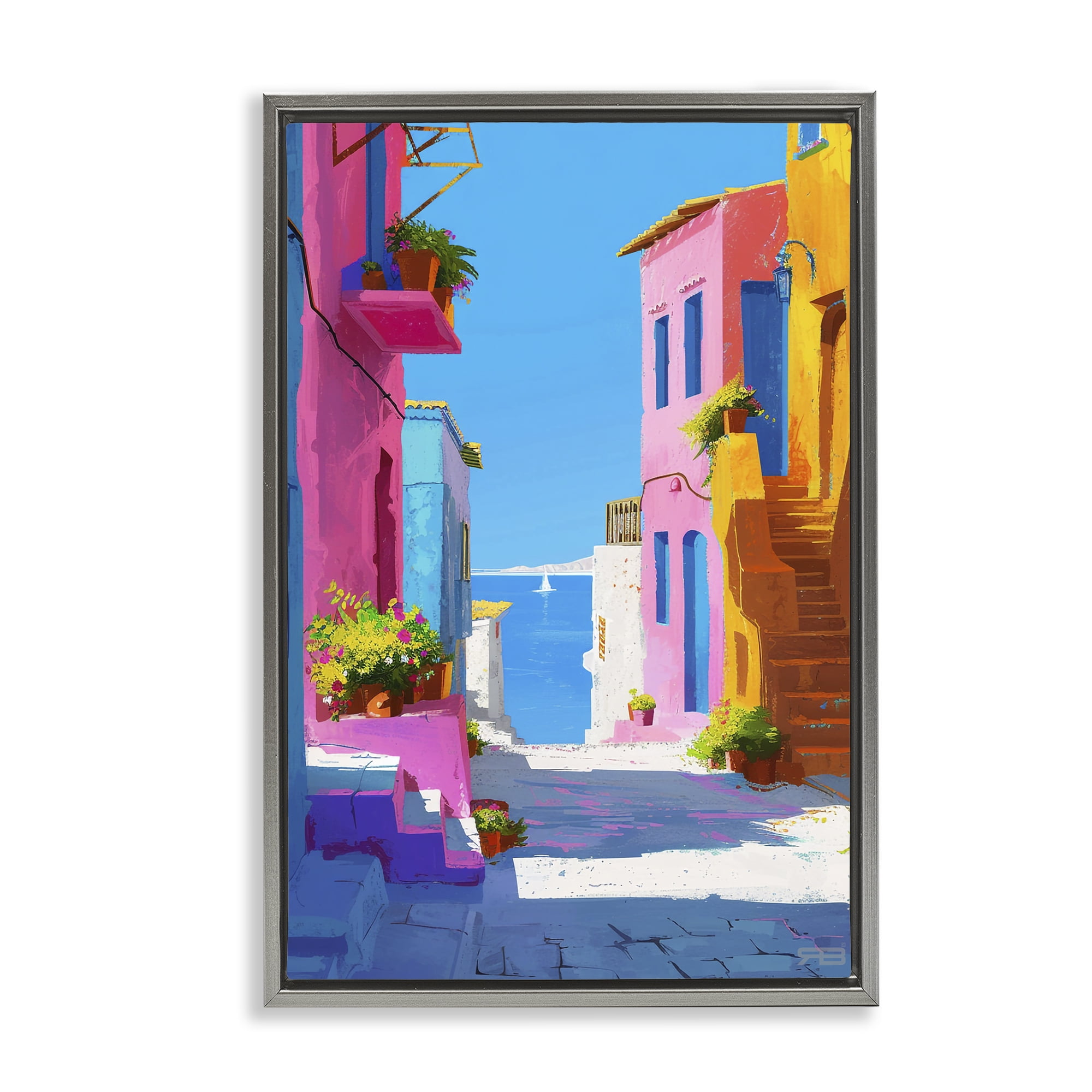 Stupell Industries Coastal Town Buildings Buildings & Architecture Painting Gray Floater Framed Canvas Art Print Wall Art, 17 x 25