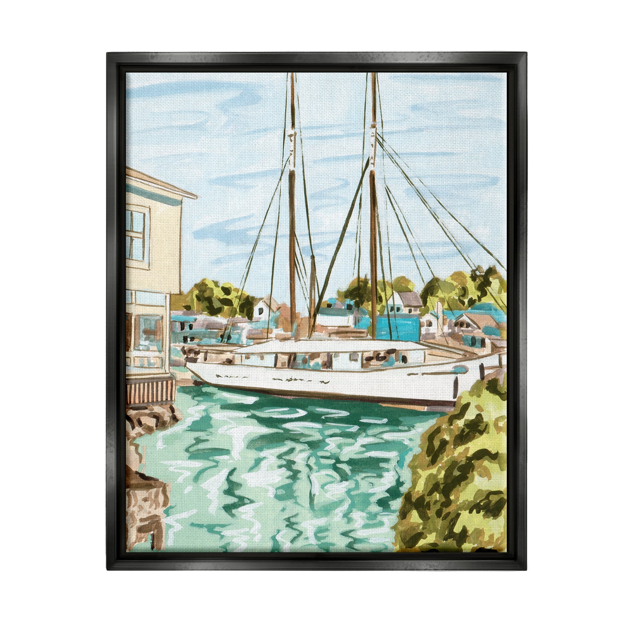 Stupell Industries Coastal Town Marina Transportation Painting Black Floater Framed Art Print Wall Art, 25 x 31