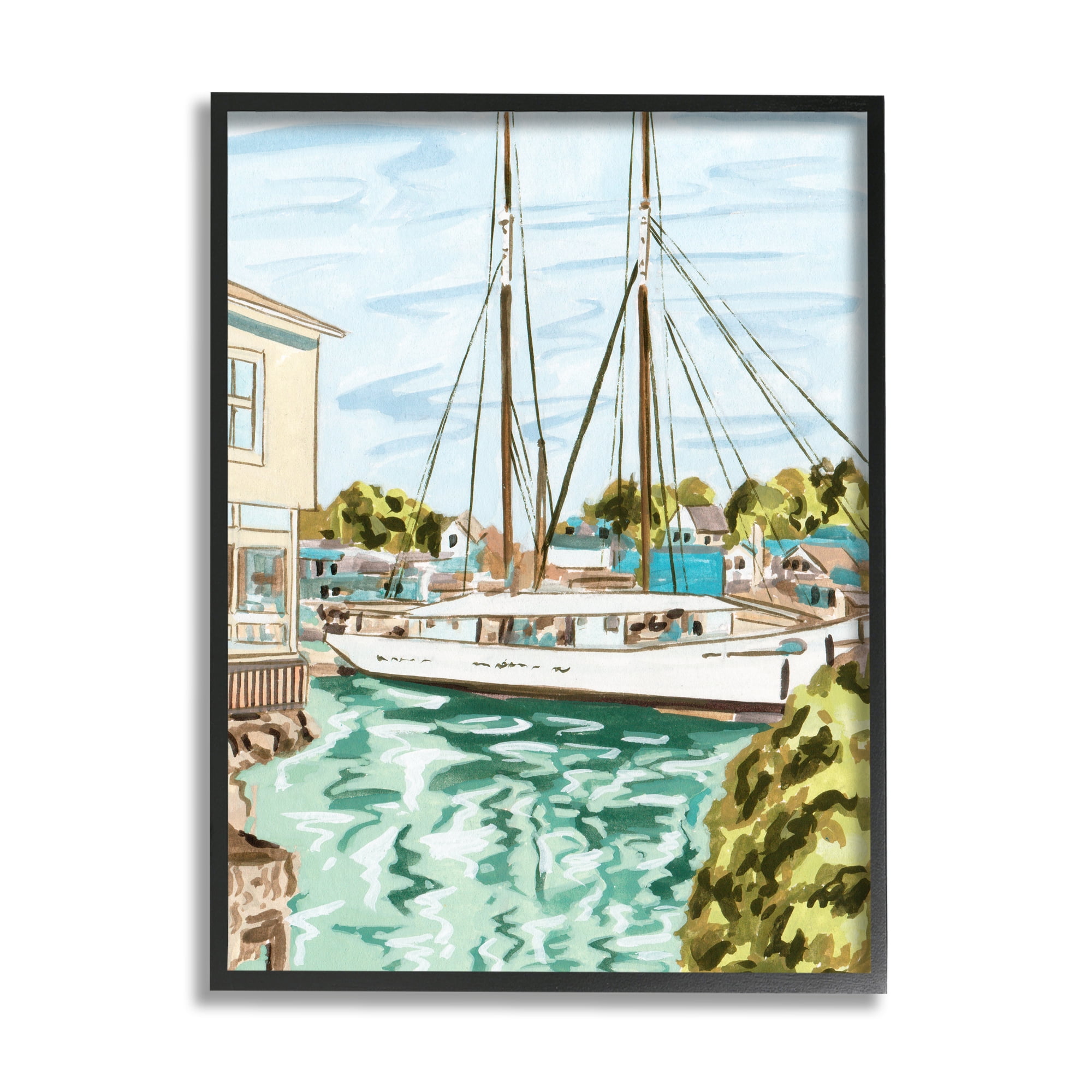 Stupell Industries Coastal Town Marina Transportation Painting Black Framed Art Print Wall Art, 11 x 14