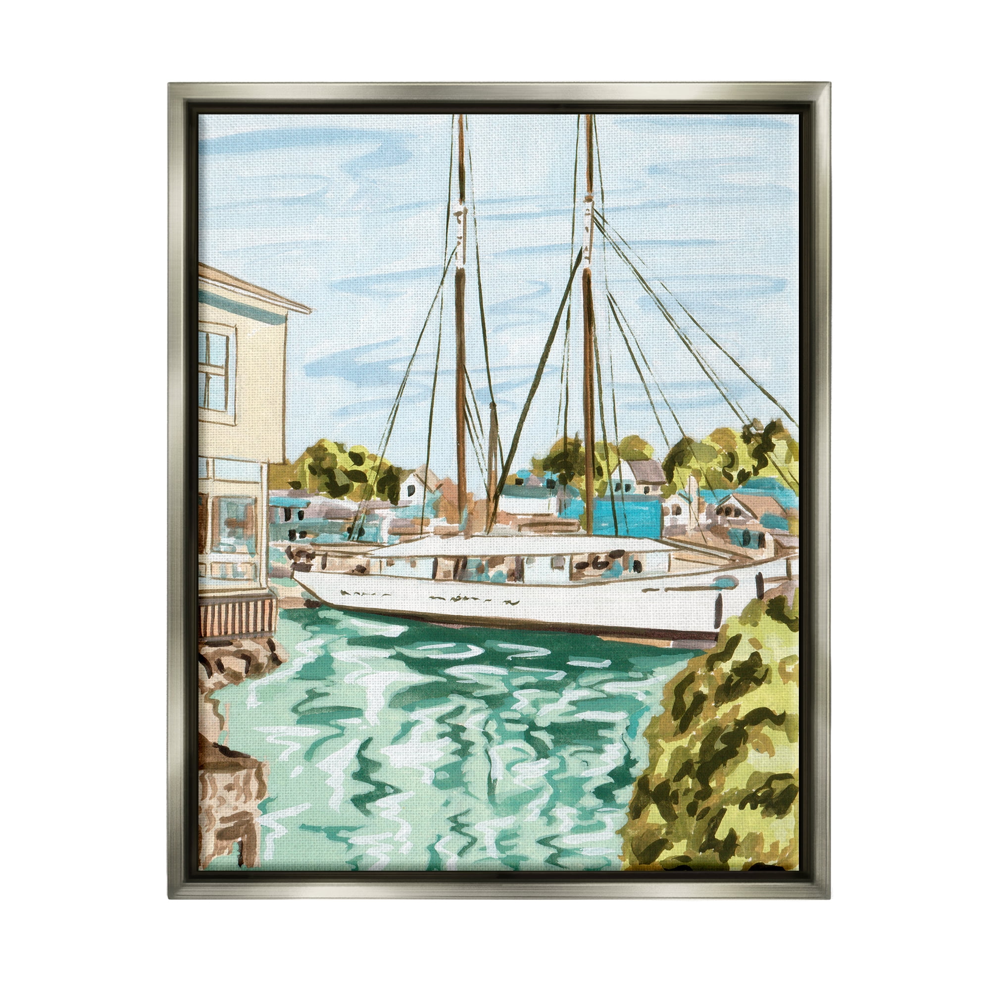 Stupell Industries Coastal Town Marina Transportation Painting Gray Floater Framed Art Print Wall Art, 17 x 21