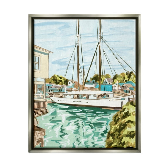 Stupell Industries Coastal Town Marina Transportation Painting Gray Floater Framed Art Print Wall Art, 25 x 31