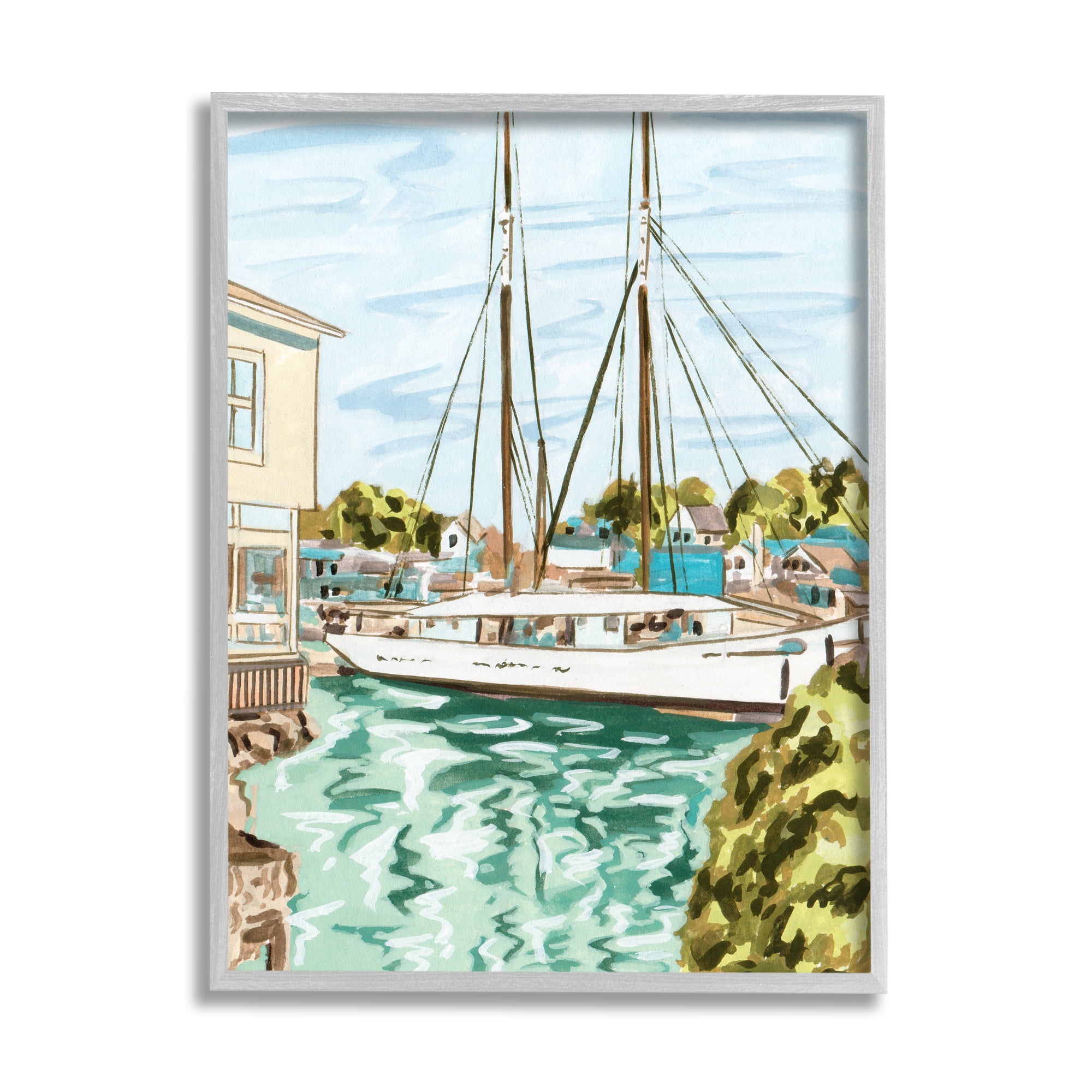 Stupell Industries Coastal Town Marina Transportation Painting Gray Framed Art Print Wall Art, 16 x 20