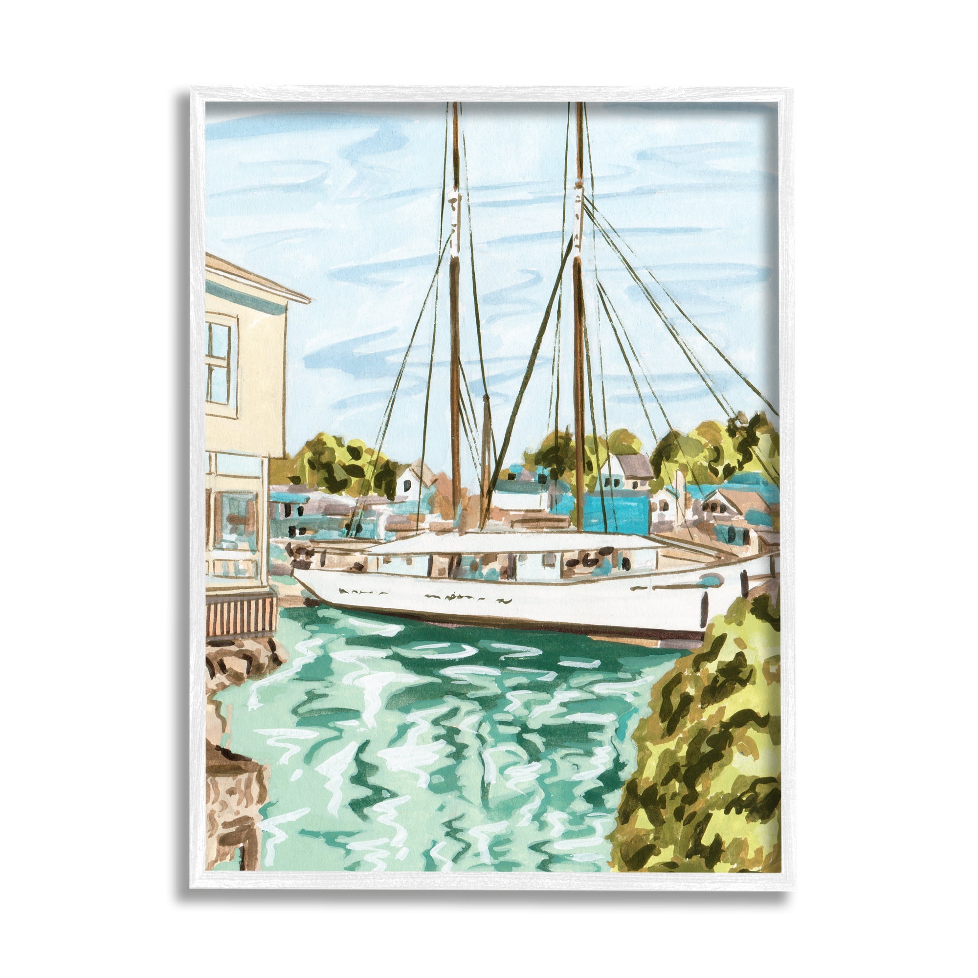 Stupell Industries Coastal Town Marina Transportation Painting White Framed Art Print Wall Art, 24 x 30