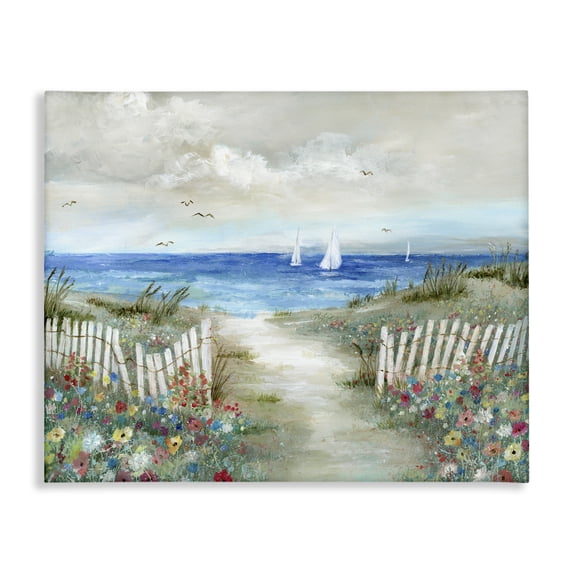 Stupell Industries Coastal Tranquil Beachside Flower Meadow Ocean Sailboats Scene Canvas Art, 30 x 24, by Nan
