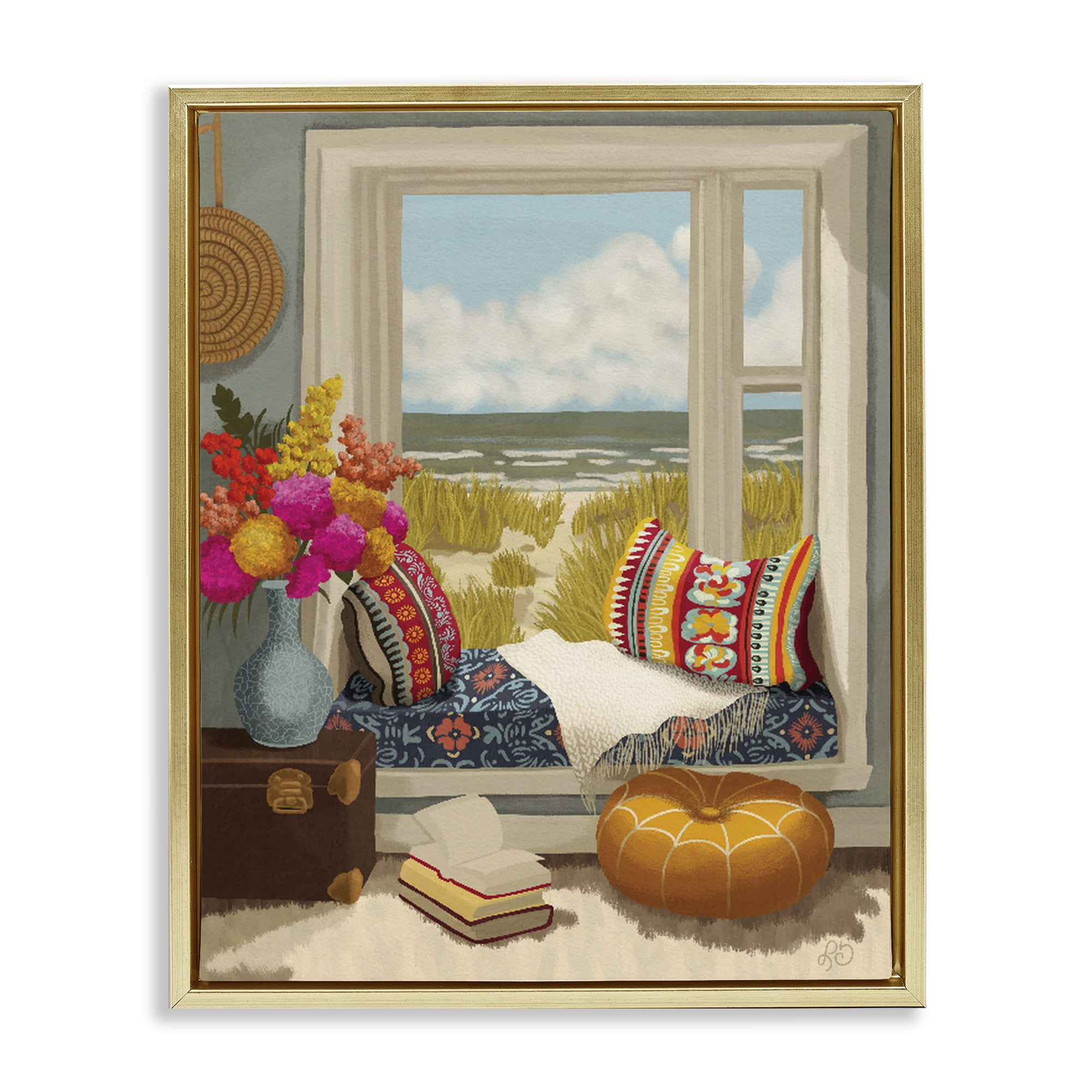 Stupell Industries Coastal Vacation Window Seat Gold Framed Floater Canvas Wall Art, design by Lisa R Dumm