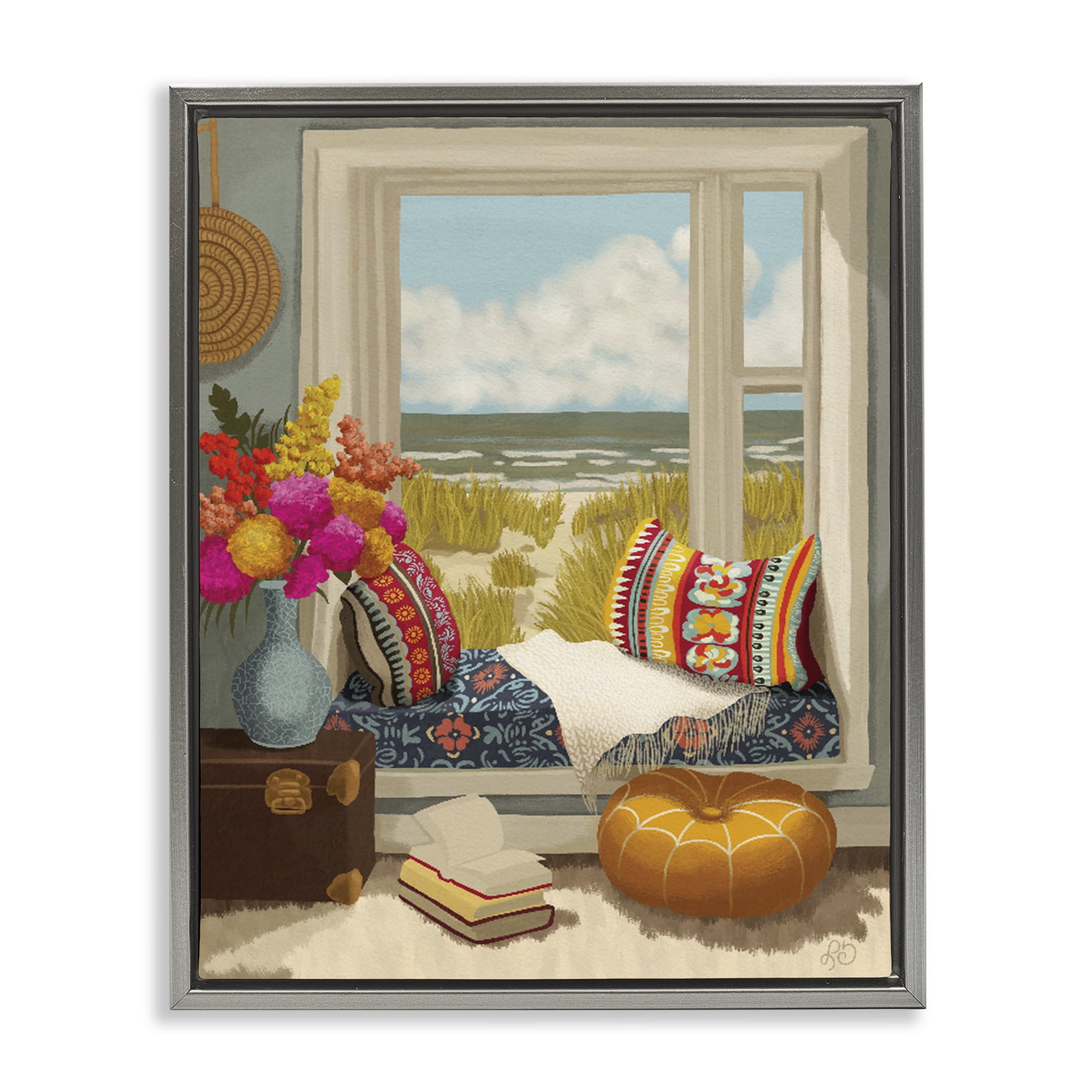 Stupell Industries Coastal Vacation Window Seat Gray Framed Floater Canvas Wall Art, design by Lisa R Dumm