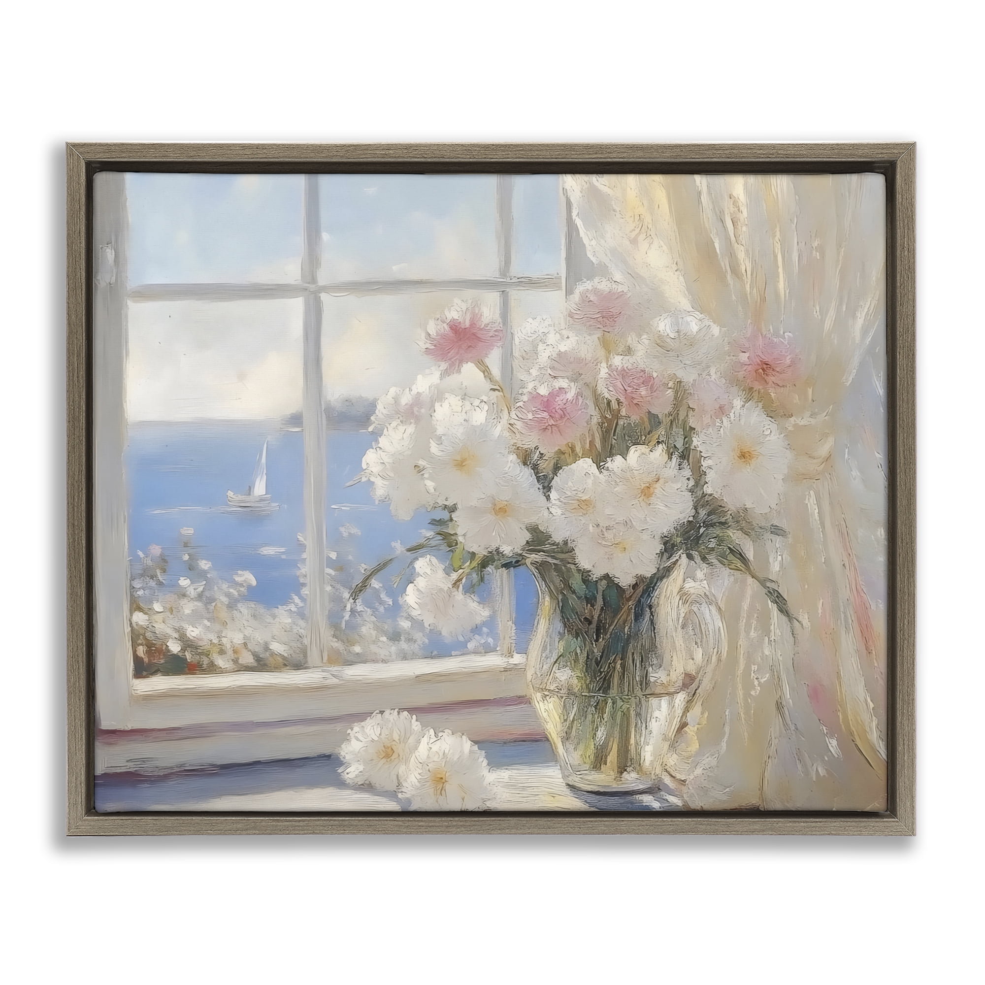 Stupell Industries Coastal View Floral Window Bouquet Brown Framed Floater Canvas Wall Art, design by LSR Design Studio