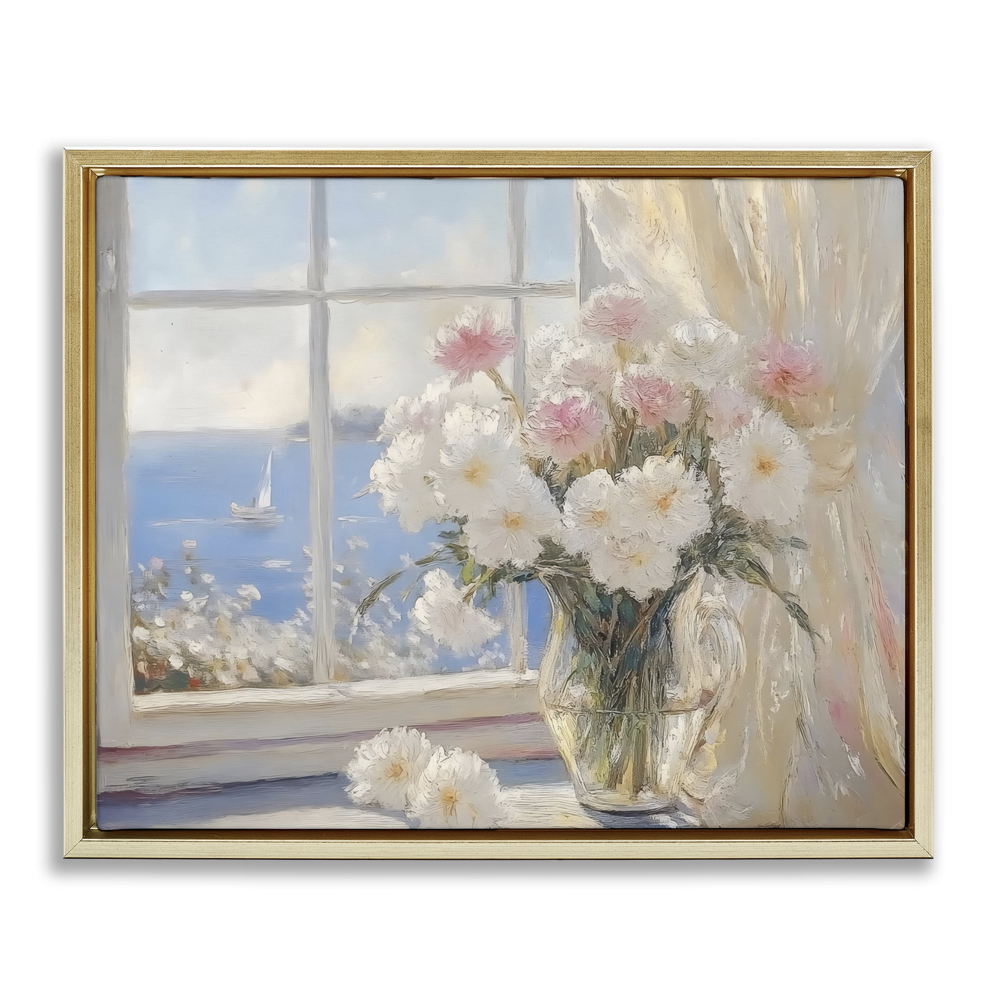 Stupell Industries Coastal View Floral Window Bouquet Gold Framed Floater Canvas Wall Art, design by LSR Design Studio