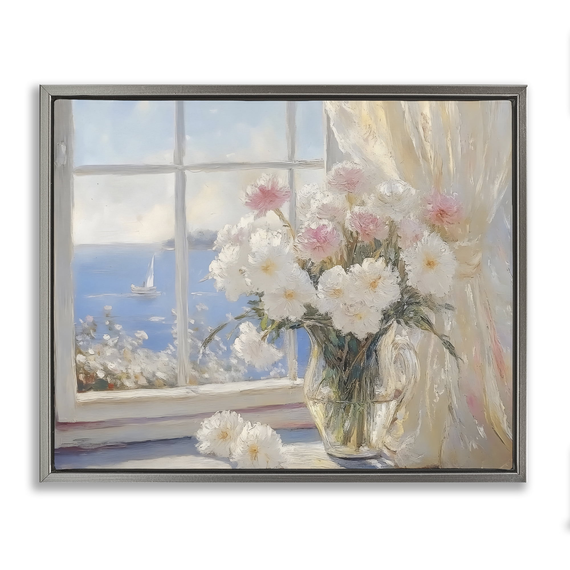 Stupell Industries Coastal View Floral Window Bouquet Gray Framed Floater Canvas Wall Art, design by LSR Design Studio