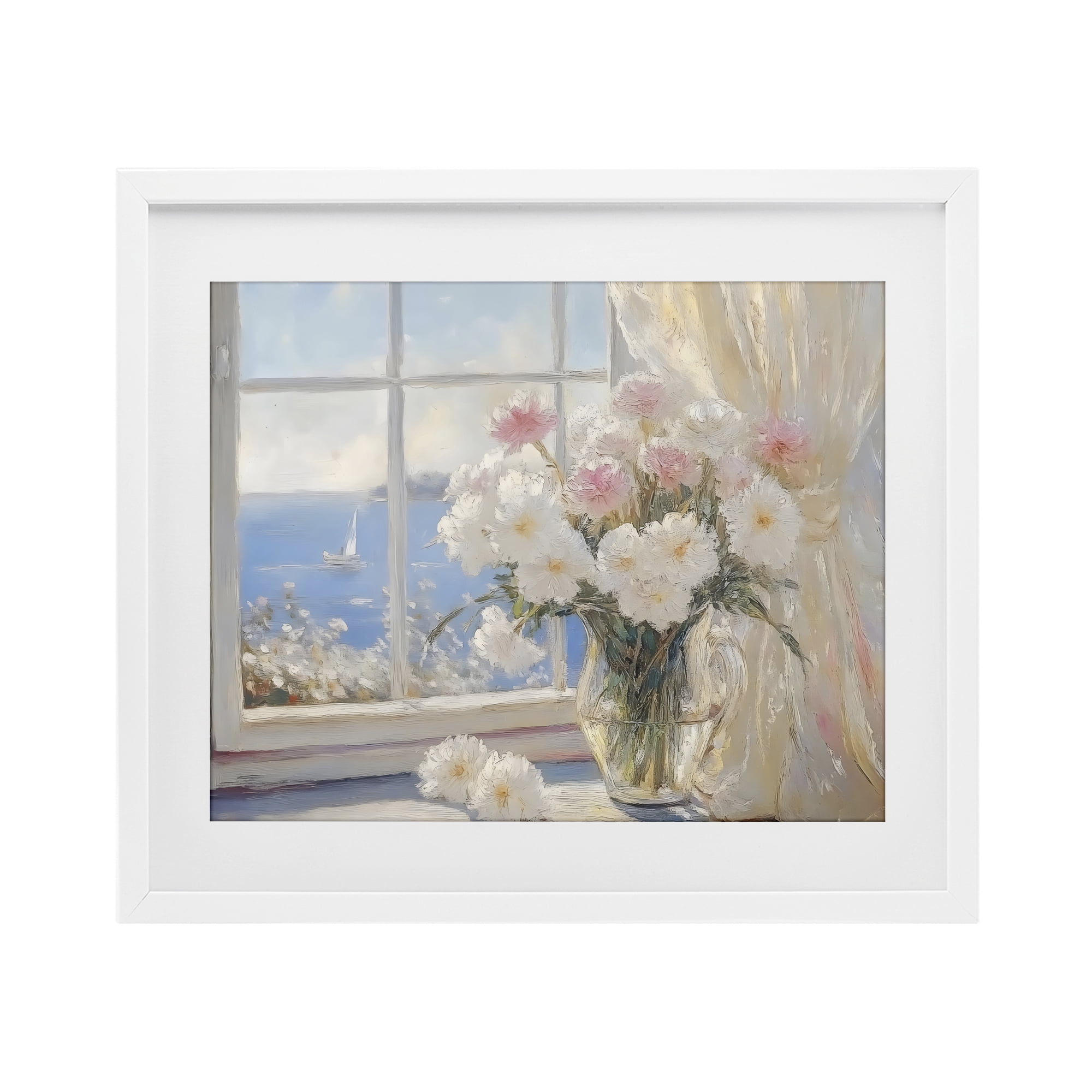 Stupell Industries Coastal View Floral Window Bouquet White Framed Print Under Glass, design by LSR Design Studio