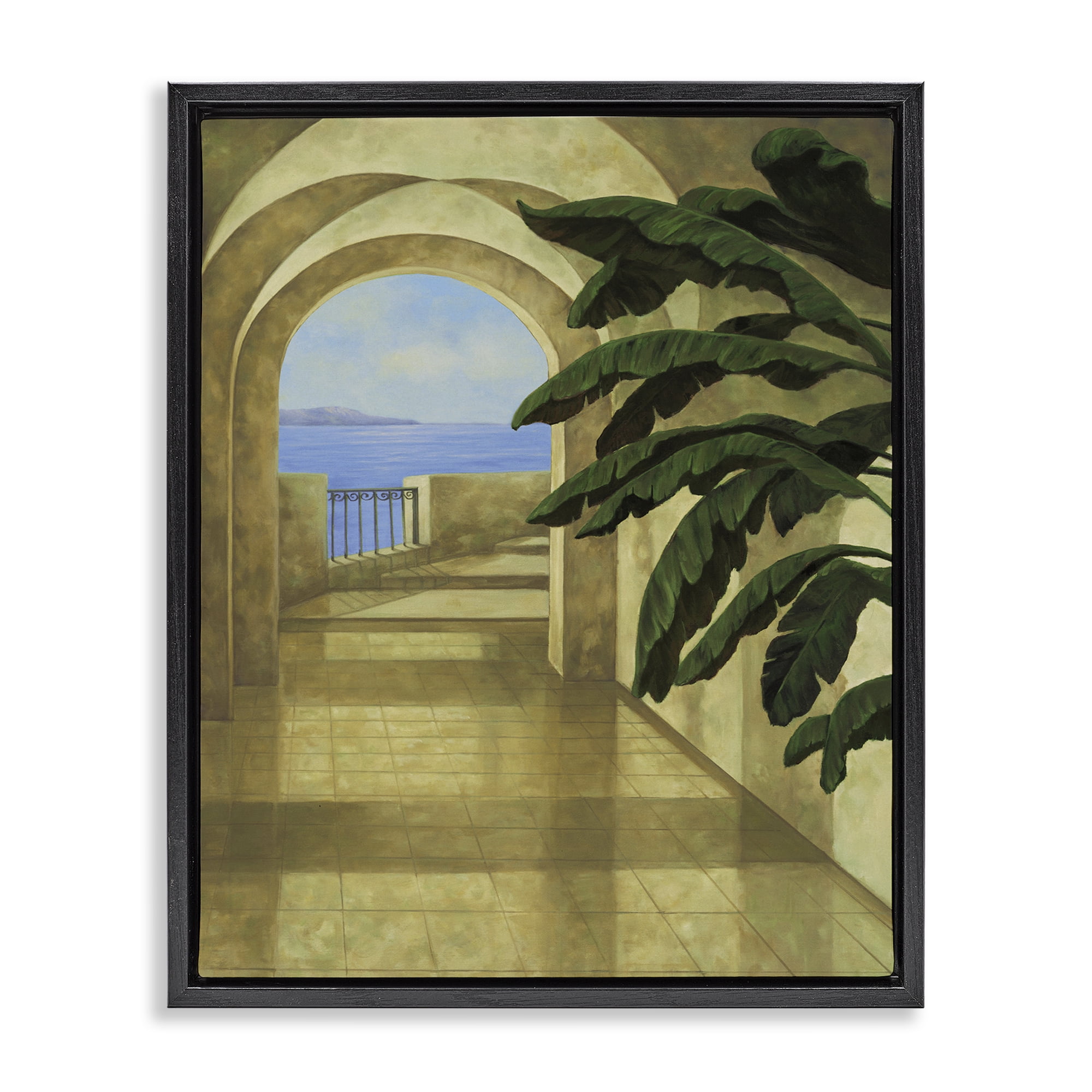 Stupell Industries Coastal Villa Palm Town & City Painting Black Floater Framed Art Print Wall Art, 17 x 21