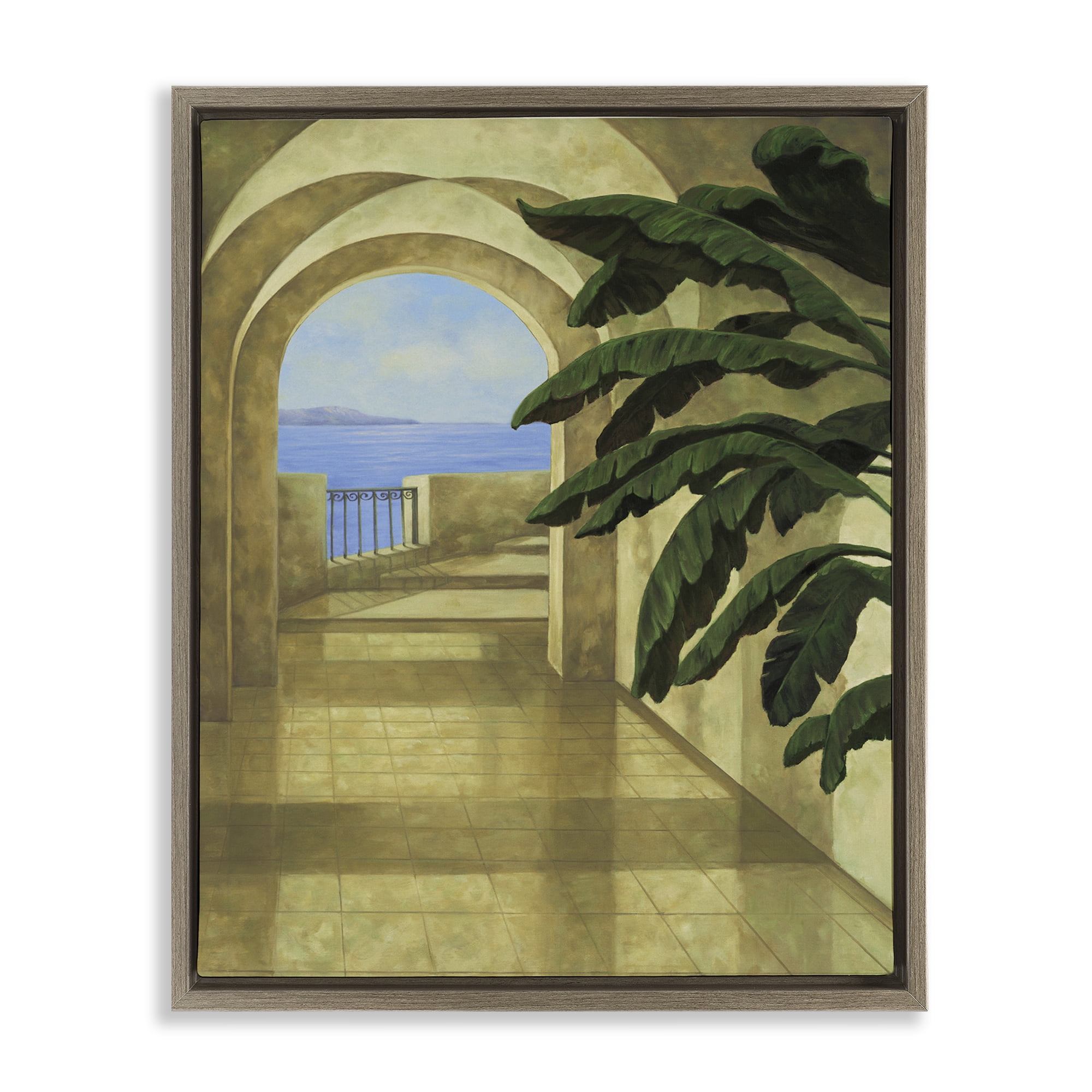 Stupell Industries Coastal Villa Palm Town & City Painting Brown Floater Framed Art Print Wall Art, 17 x 21
