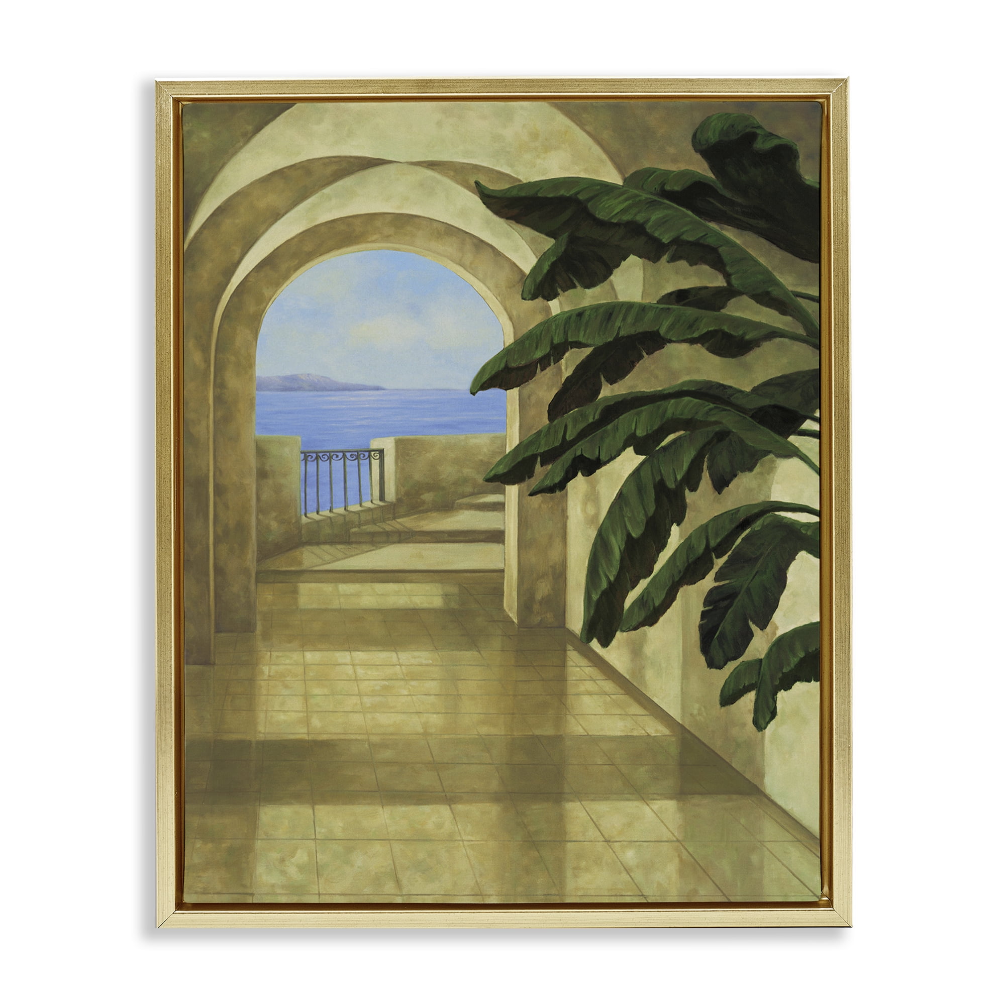 Stupell Industries Coastal Villa Palm Town & City Painting Gold Floater Framed Art Print Wall Art, 17 x 21