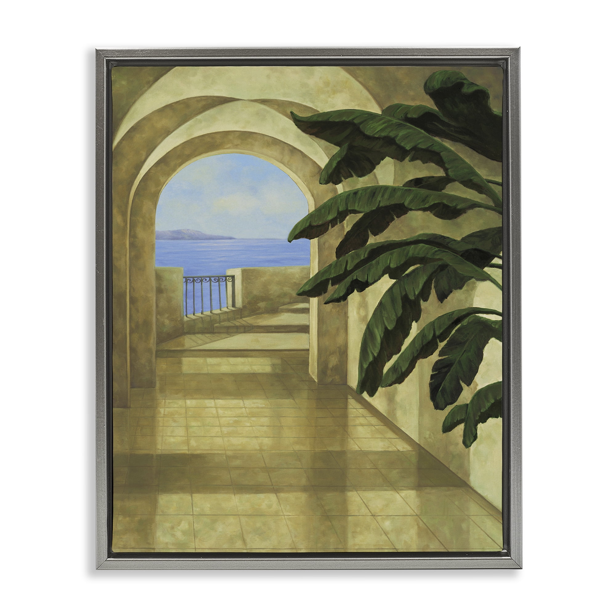Stupell Industries Coastal Villa Palm Town & City Painting Gray Floater Framed Art Print Wall Art, 25 x 31