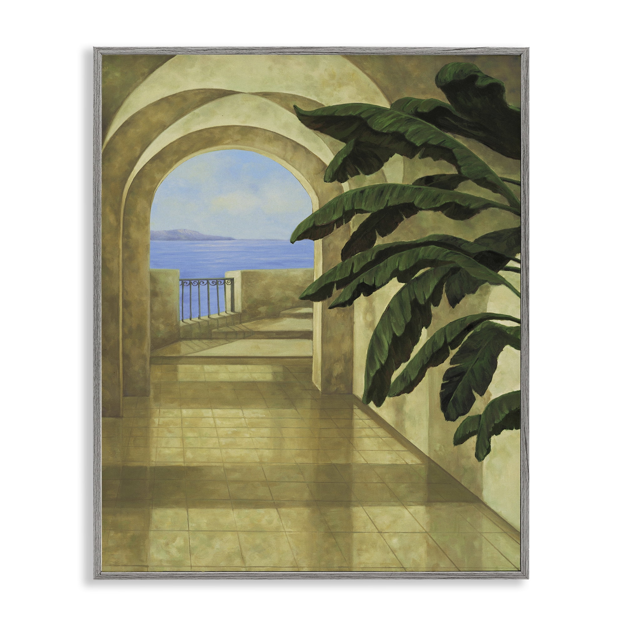 Stupell Industries Coastal Villa Palm Town & City Painting Gray Framed Art Print Wall Art, 11 x 14