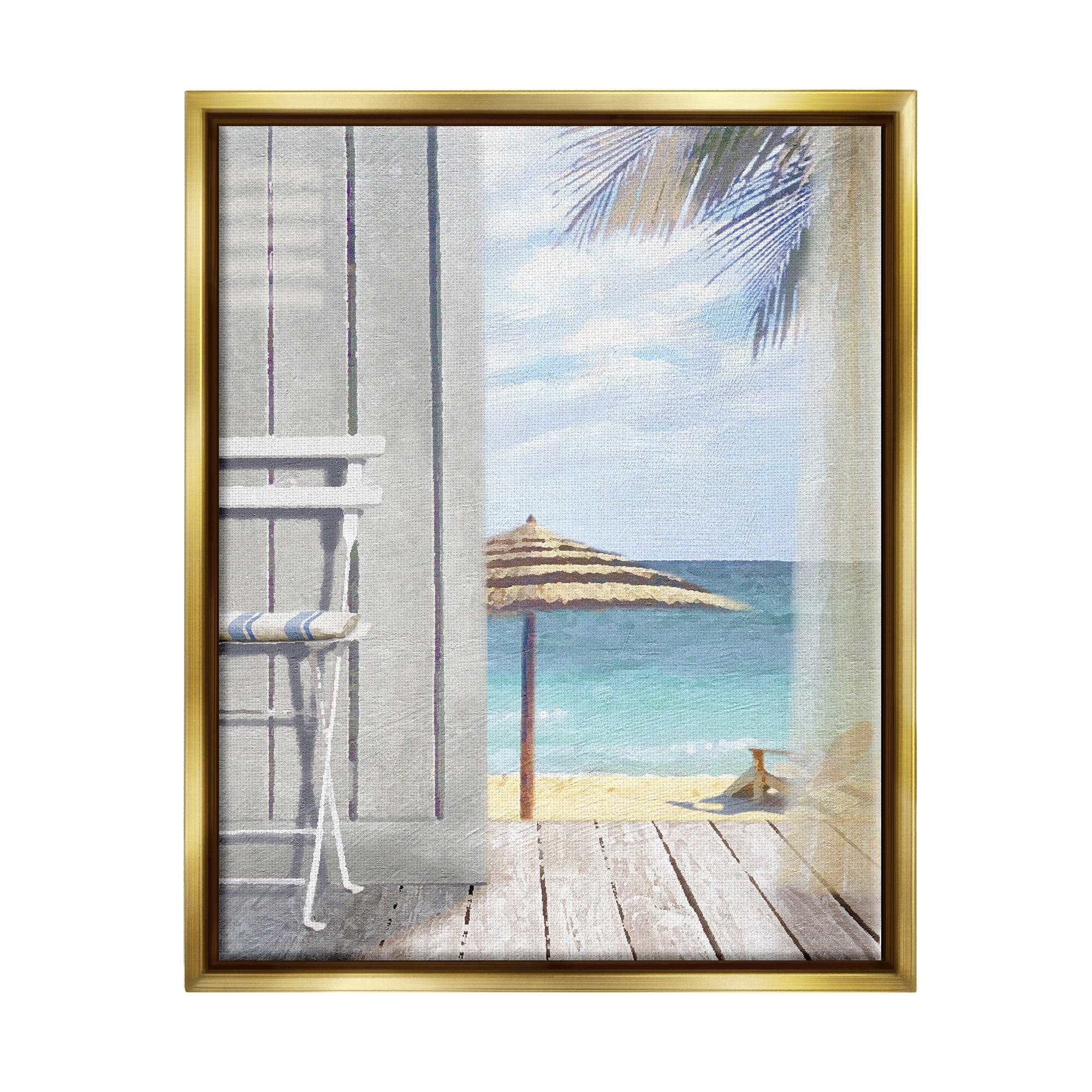 Stupell Industries Coastal Villa Porch Beach View Coastal Painting Gold Floater Framed Art Print Wall Art