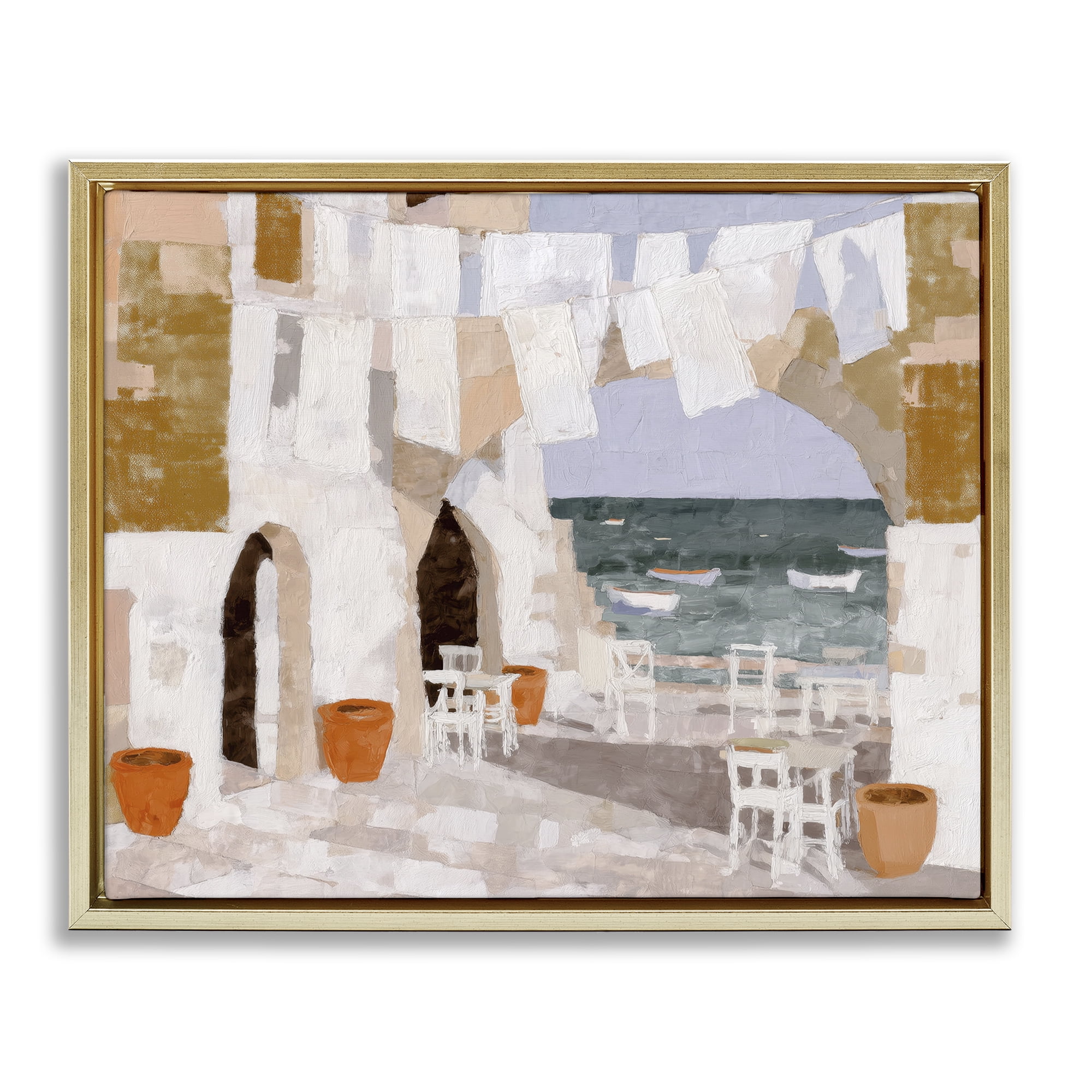 Stupell Industries Coastal Village Plaza Laundry Gold Framed Floater Canvas Wall Art, design by Chromatic Storm Studio
