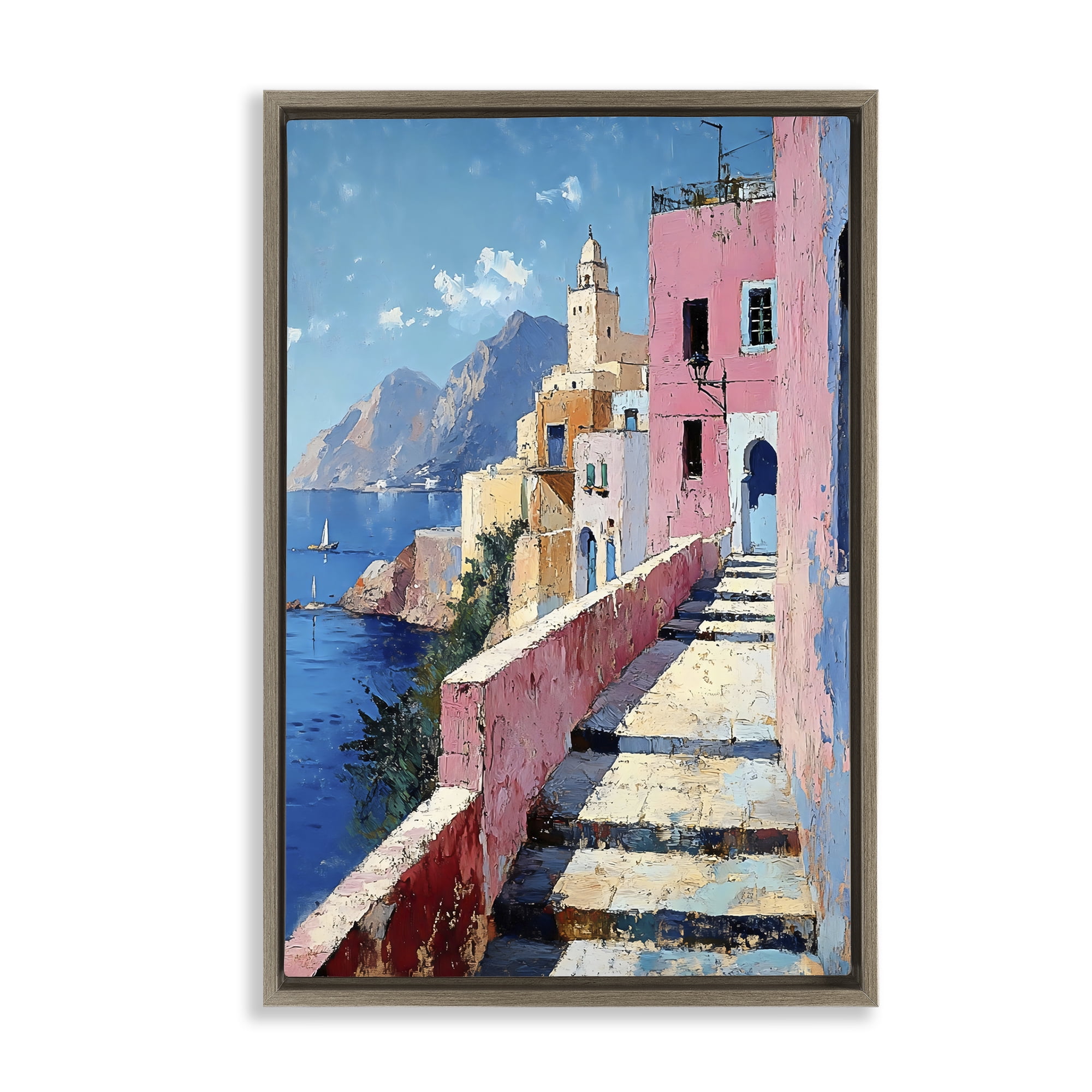 Stupell Industries Coastal Village's Sunlit Pathway Brown Framed Floater Canvas Wall Art, design by Creative Studio