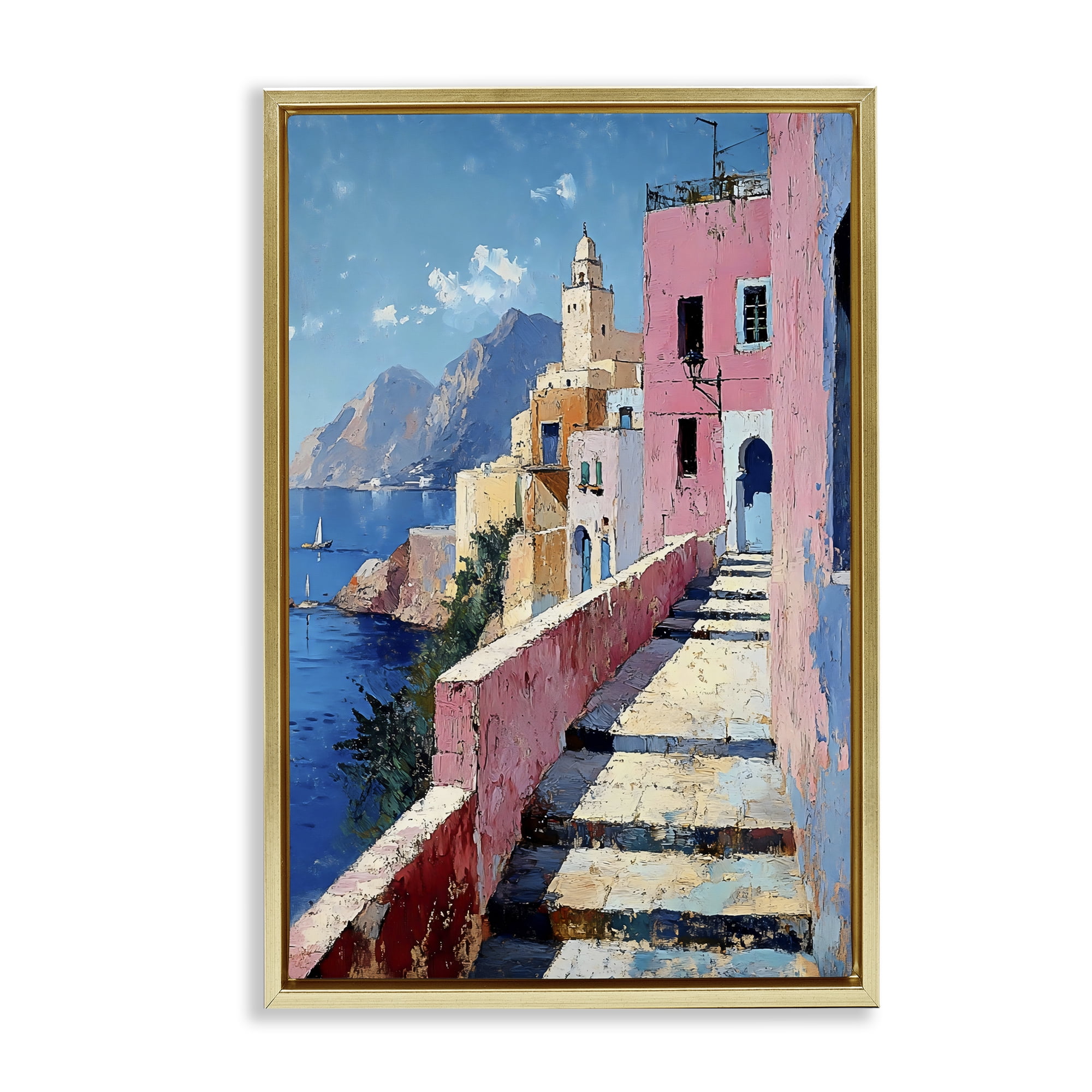 Stupell Industries Coastal Village's Sunlit Pathway Gold Framed Floater Canvas Wall Art, design by Creative Studio