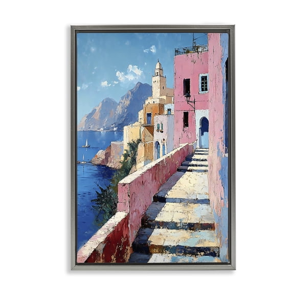 Stupell Industries Tropical Coastal Village's Sunlit Pathway Gray Floating Frame Canvas Art, 21 x 31, by Creative Studio
