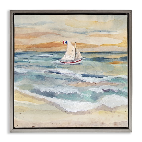 Stupell Industries Coastal Watercolor Boat Beach View Gray Floating Frame Canvas Art, 25 x 25, by Audrey Jeanne Roberts