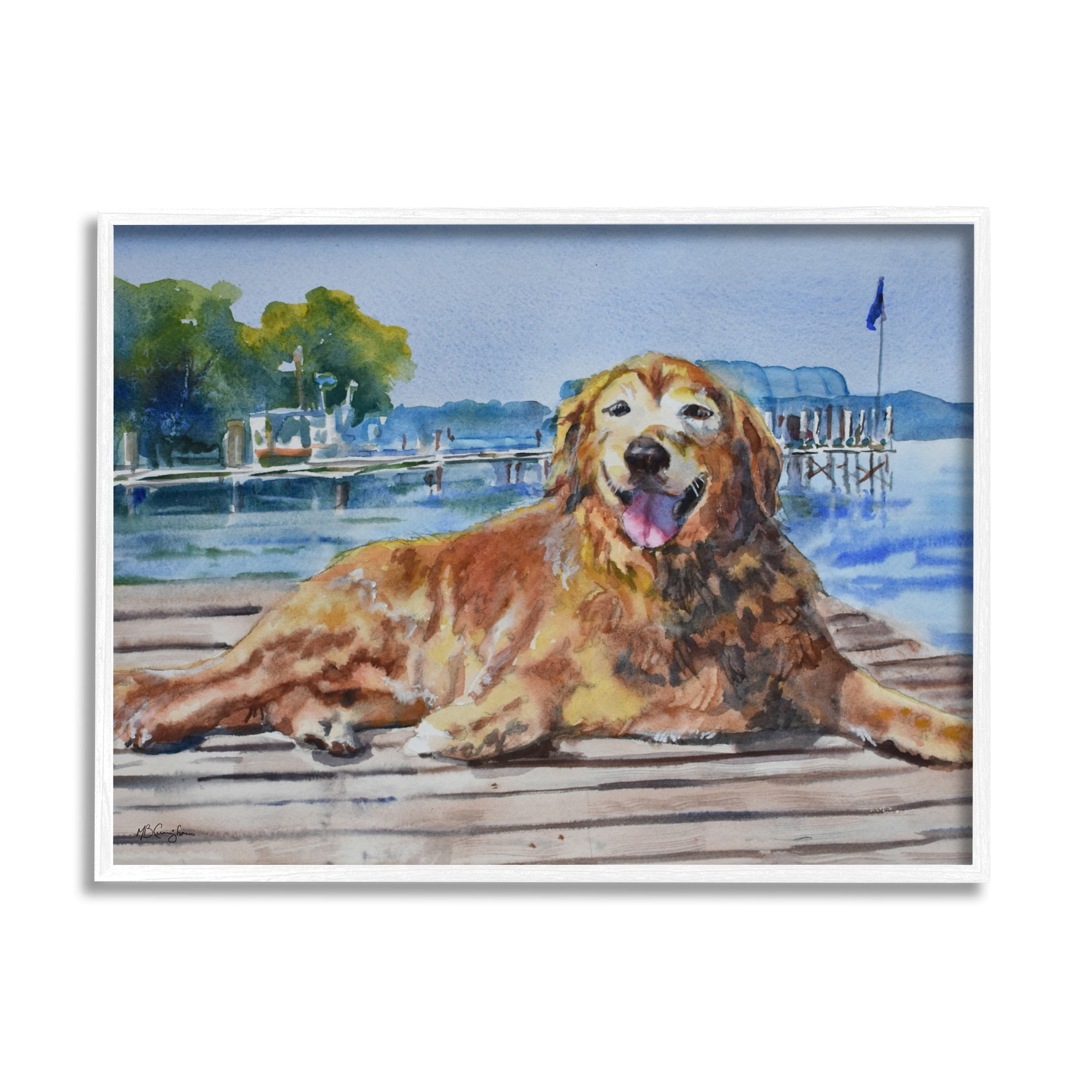 Stupell Industries Coastal Waterfront Scenery Golden Retriever Relaxing Dock , 30 x 24, Design by MB Cunningham