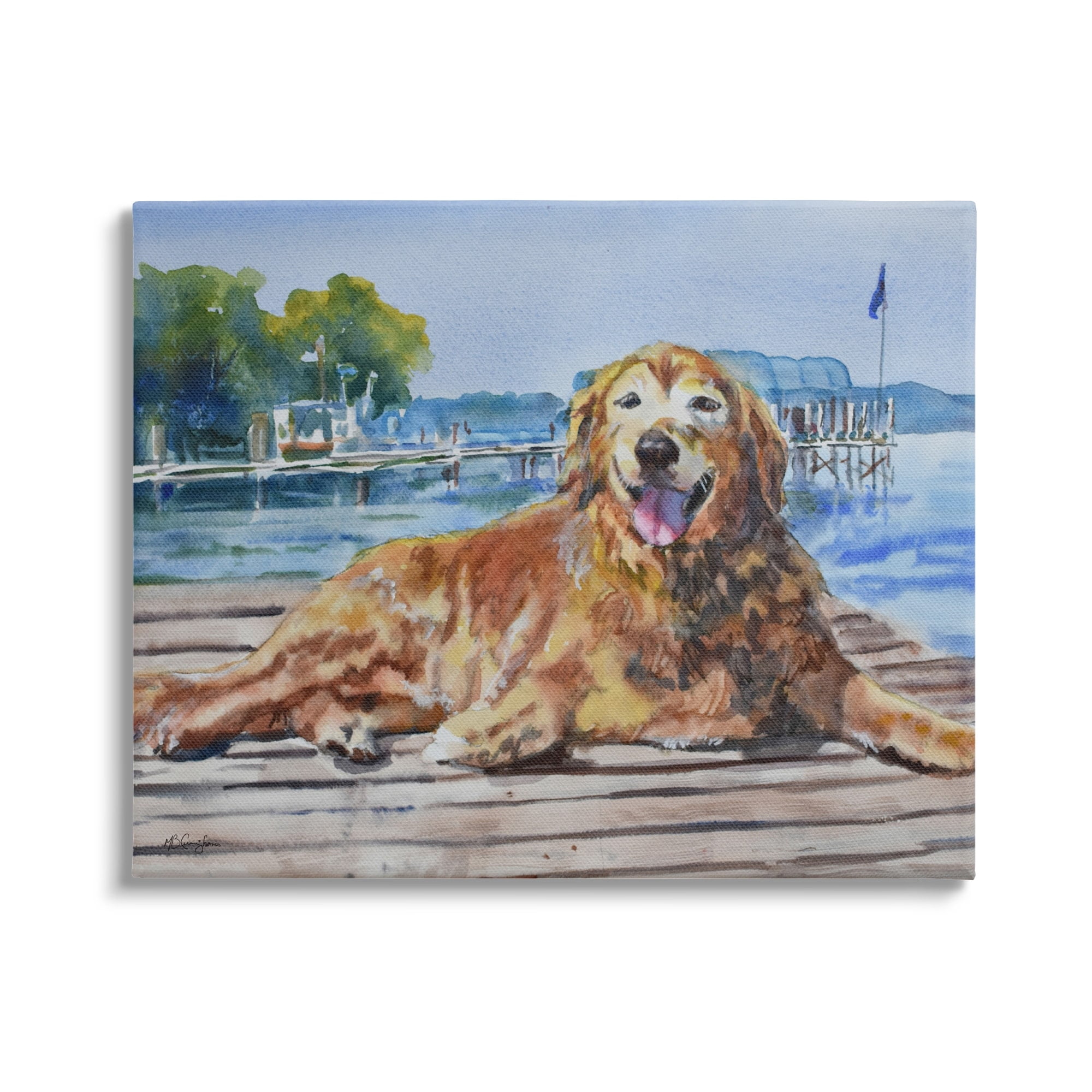 Stupell Industries Coastal Waterfront Scenery Golden Retriever Relaxing Dock Coastal Painting Gallery-Wrapped Canvas Print Wall Art, 20 x 16, Design by MB Cunningham