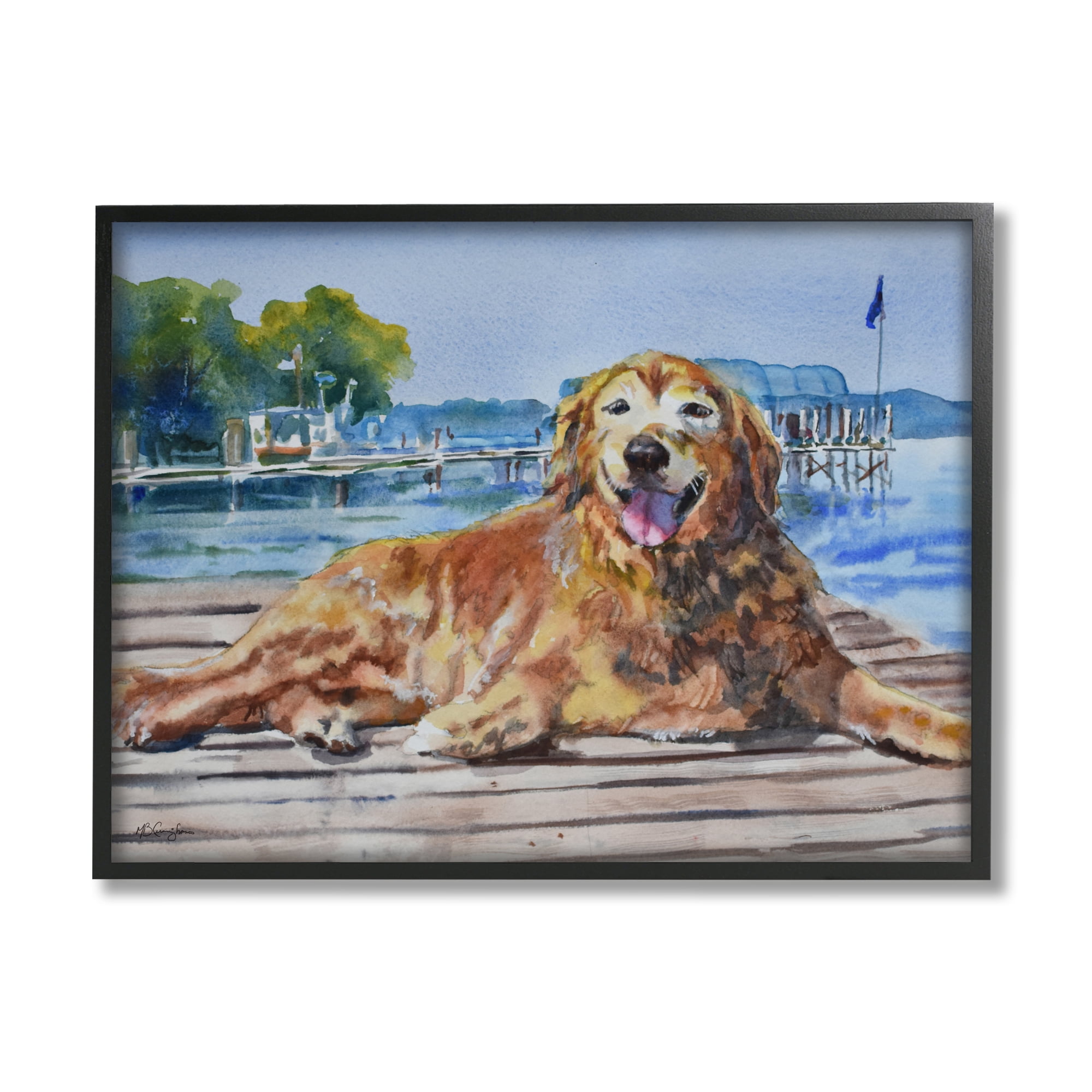Stupell Industries Coastal Waterfront Scenery Golden Retriever Relaxing Dock Paintings Black Framed Art Print Wall Art, 14x11, by MB Cunningham