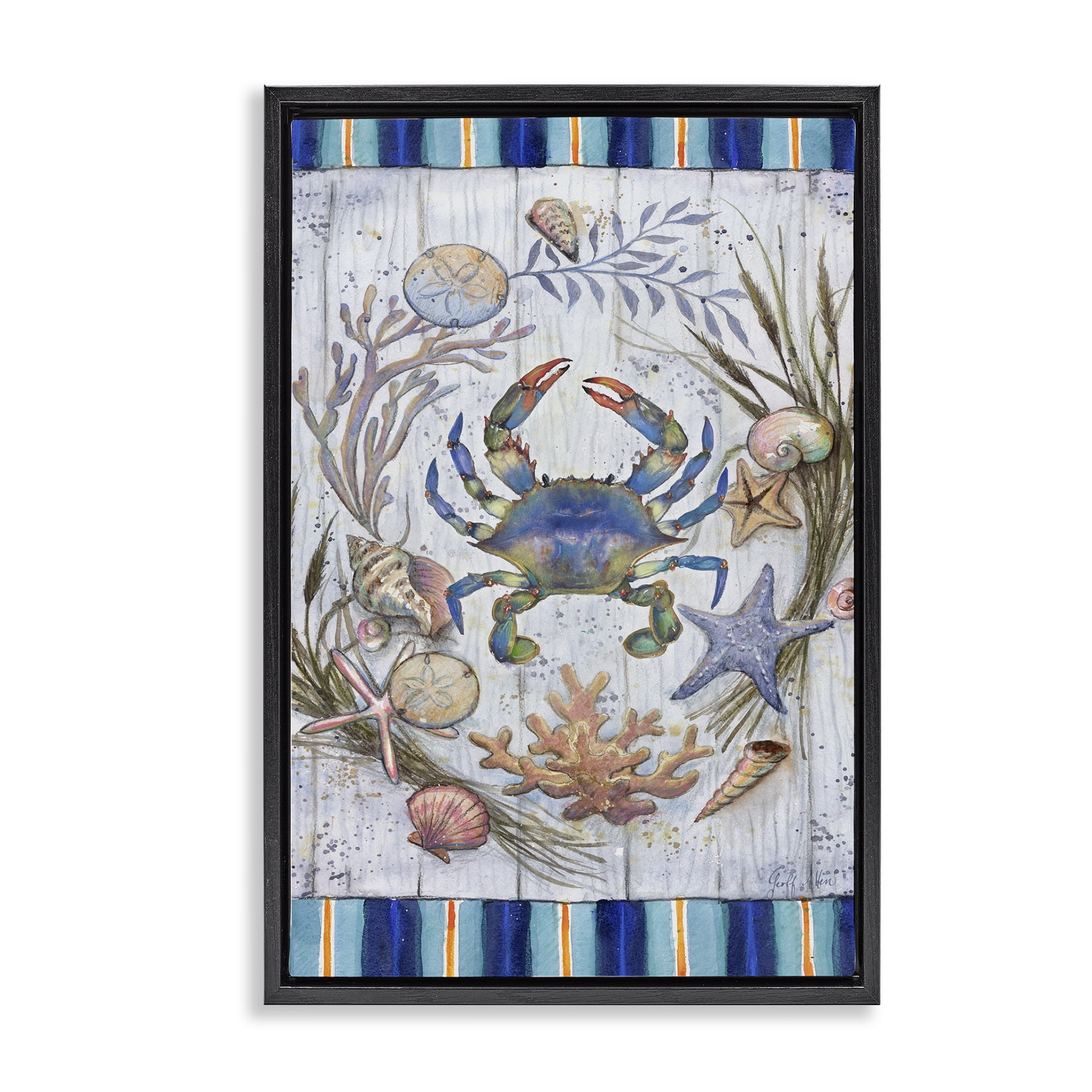 Stupell Industries Coastal Wreath & Crab Nautical & Beach Painting Black Floater Framed Canvas Art Print Wall Art, 17 x 25