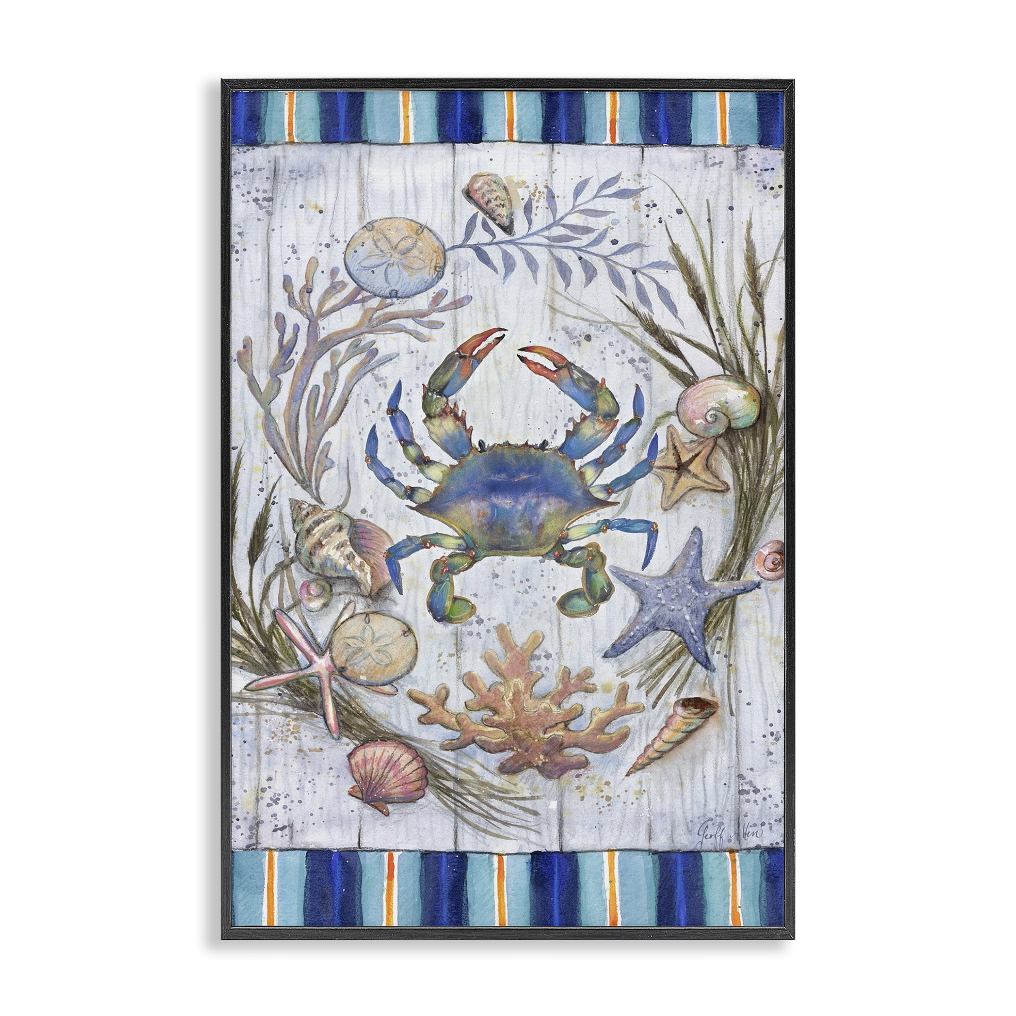Stupell Industries Coastal Wreath & Crab Nautical & Beach Painting Black Framed Art Print Wall Art, 20 x 30